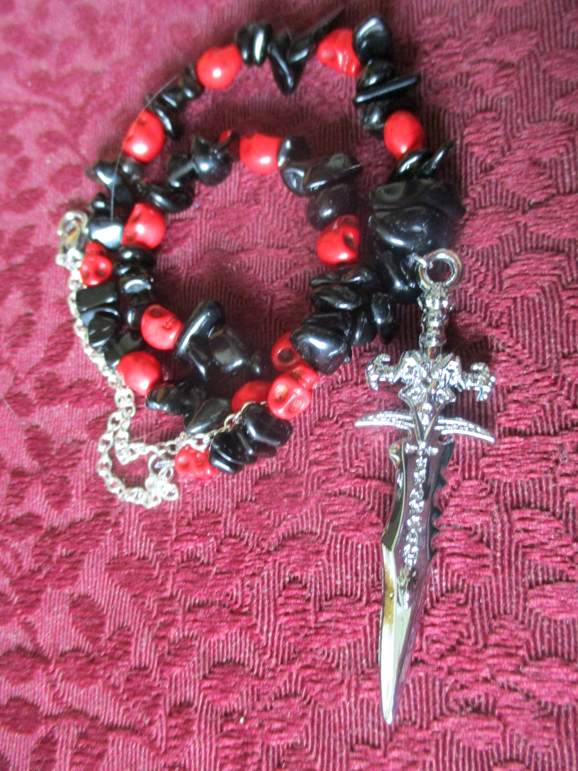 Cosplay Athame Devil sword, Black Obsidian Stone, Red Skull, Fantasy pendant