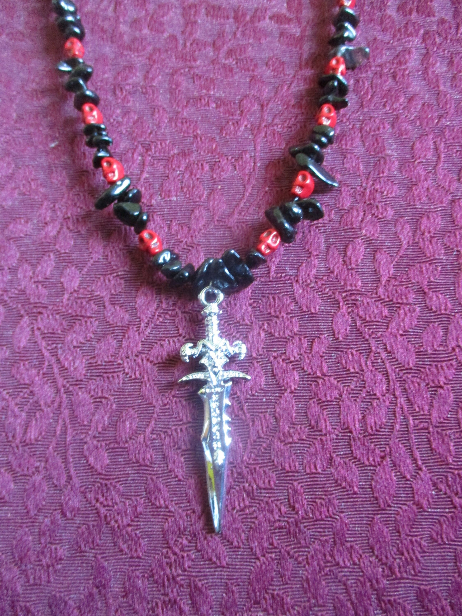 Cosplay Athame Devil sword, Black Obsidian Stone, Red Skull, Fantasy pendant