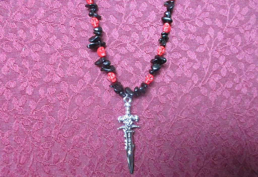 Cosplay Athame Devil sword, Black Obsidian Stone, Red Skull, Fantasy pendant