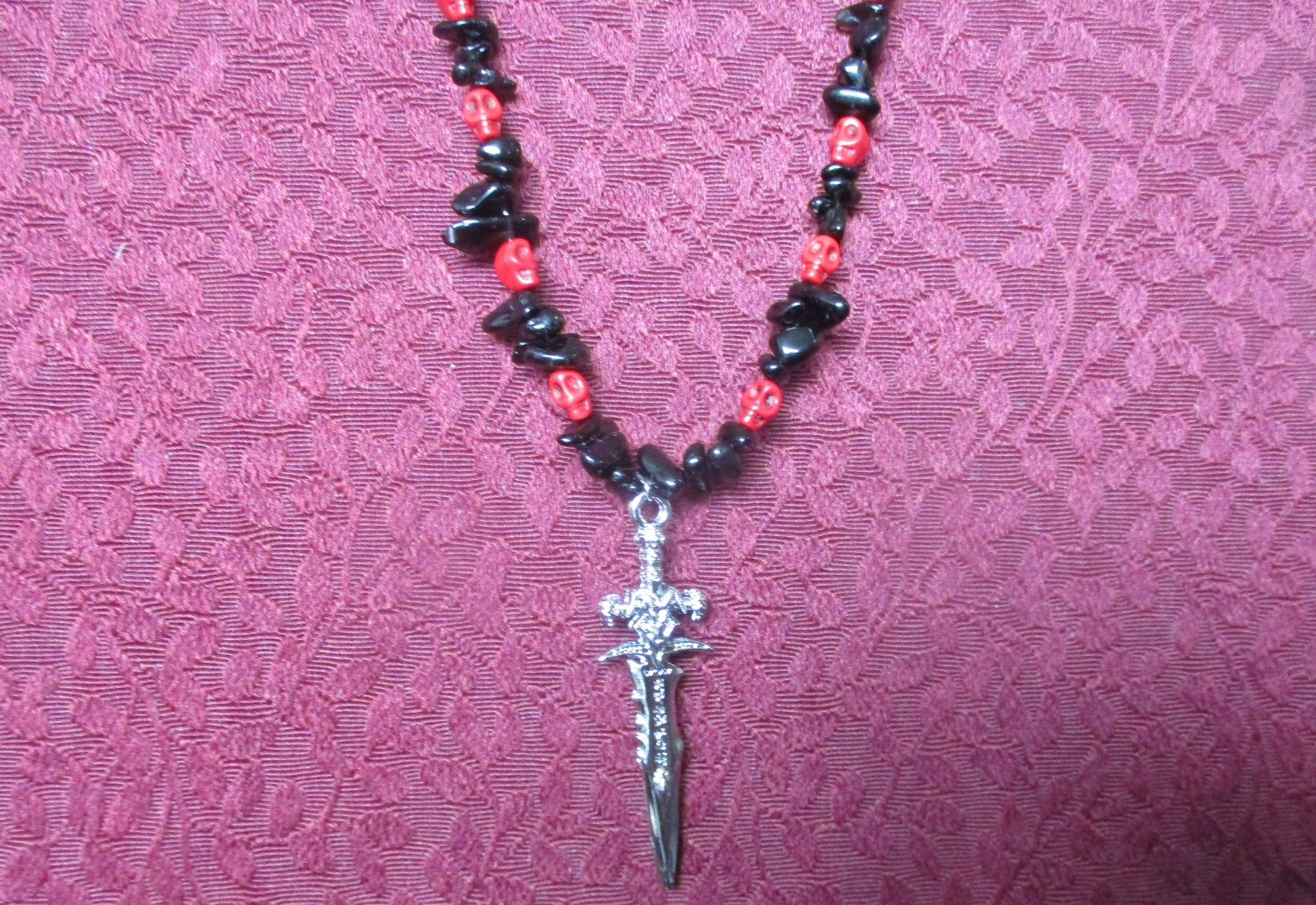 Cosplay Athame Devil sword, Black Obsidian Stone, Red Skull, Fantasy pendant