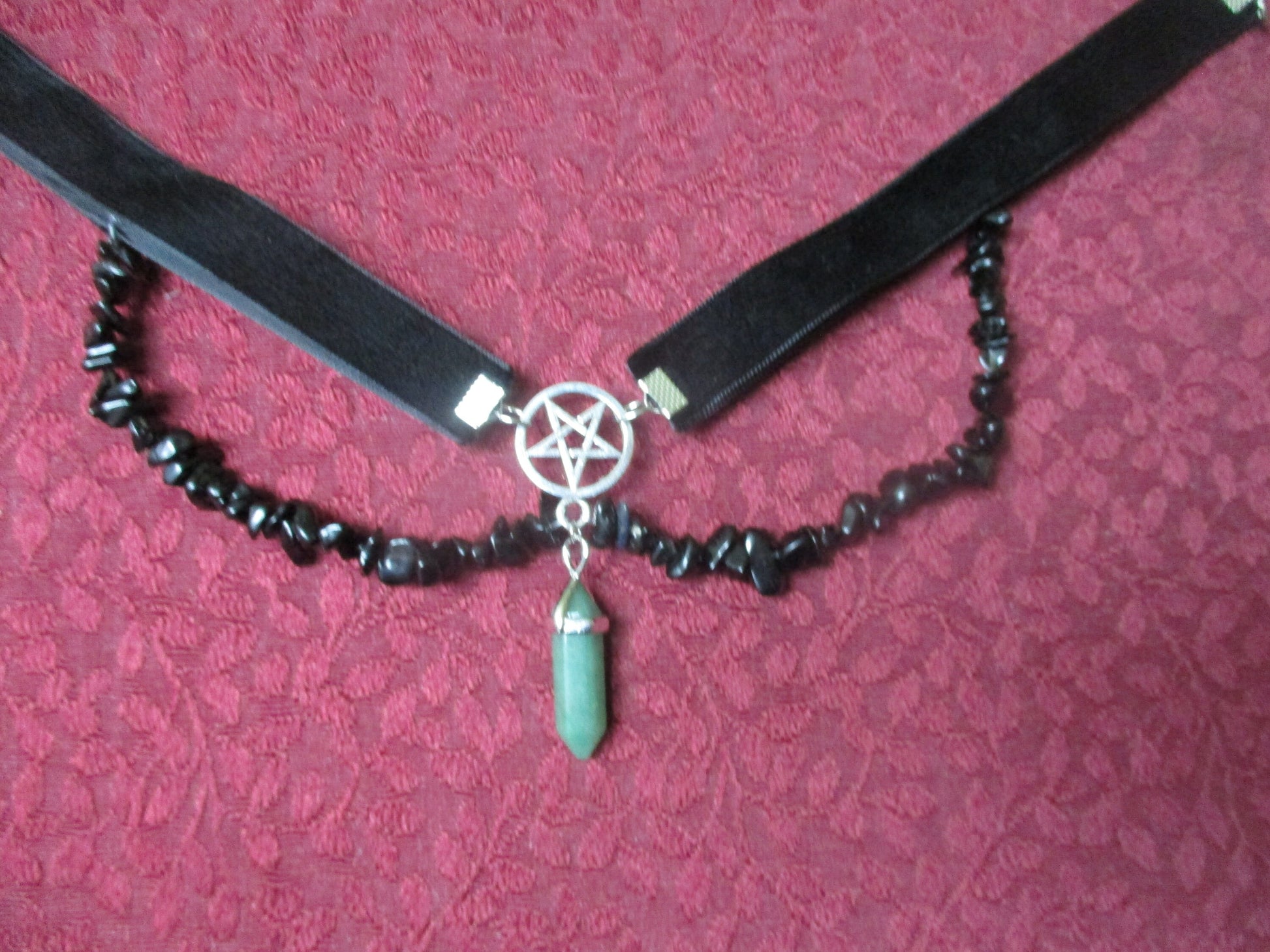 Kawaii Inverted Pentagram Black Velvet Choker Black Obsidian Stone, Aventurine bullet