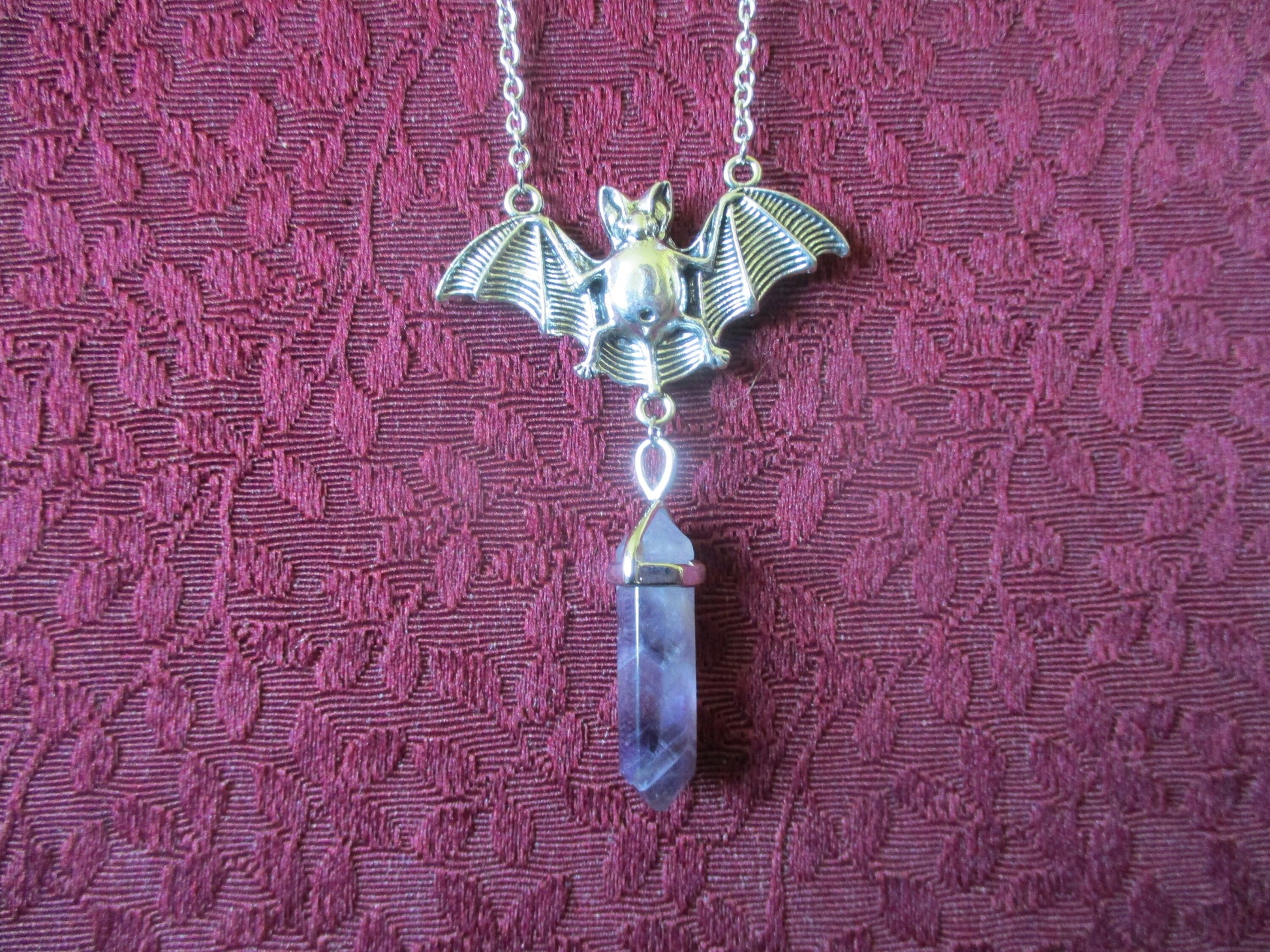 Boho Goth Bat & Purple Amethyst Bullet Necklace Pendant