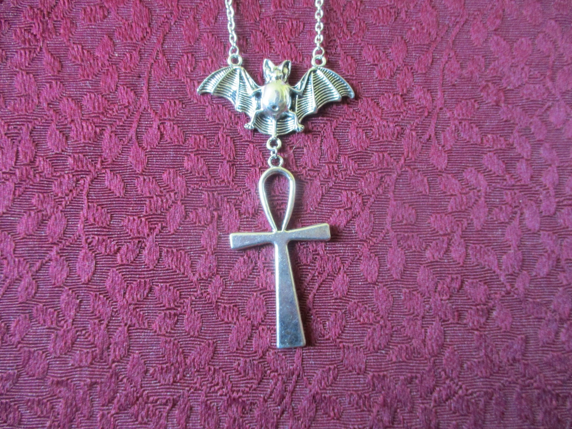 Boho Goth Bat & Kemetic Ankh Necklace Pendant