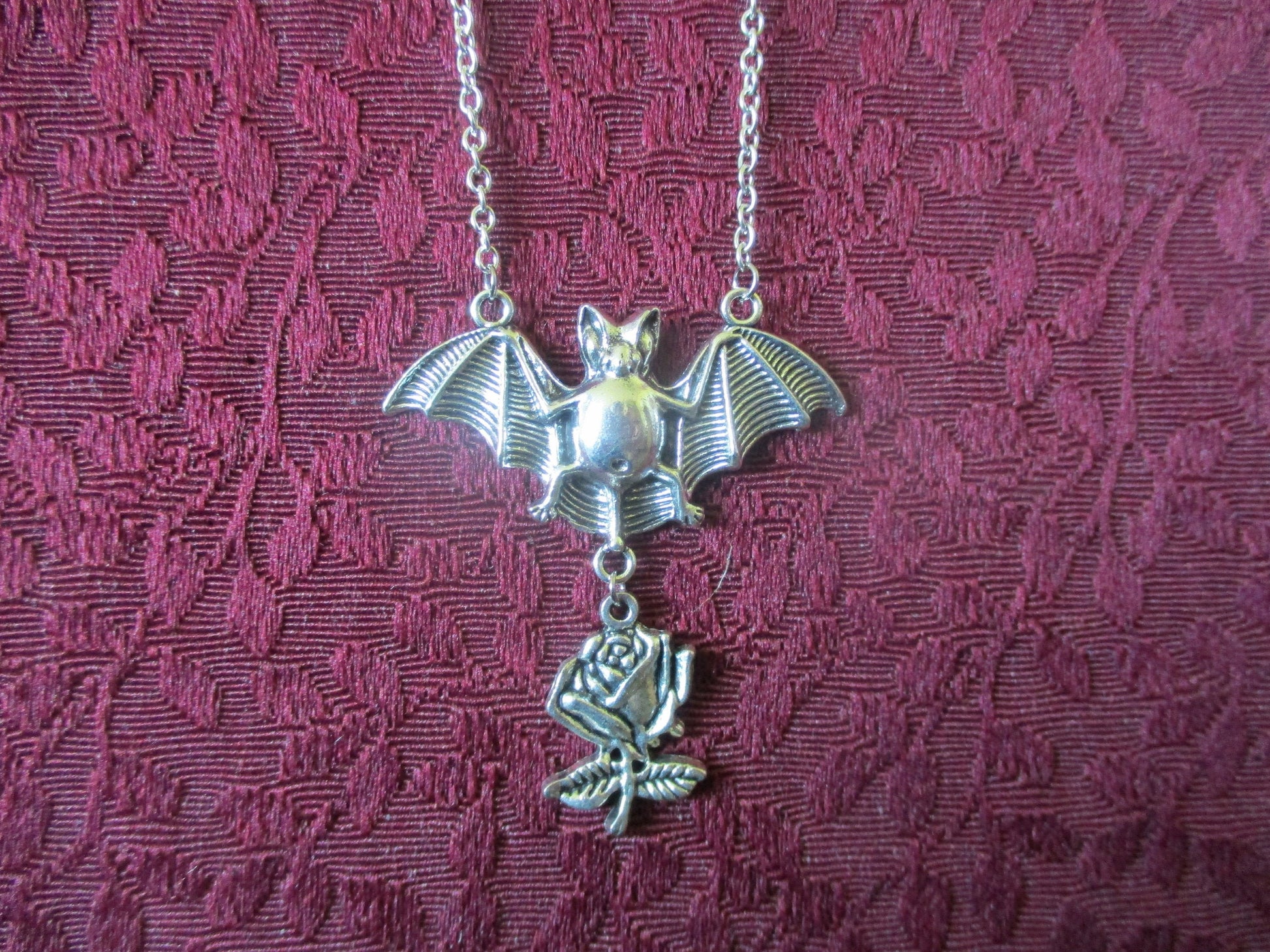 Boho Goth Bat & Gothic Rose Necklace Pendant