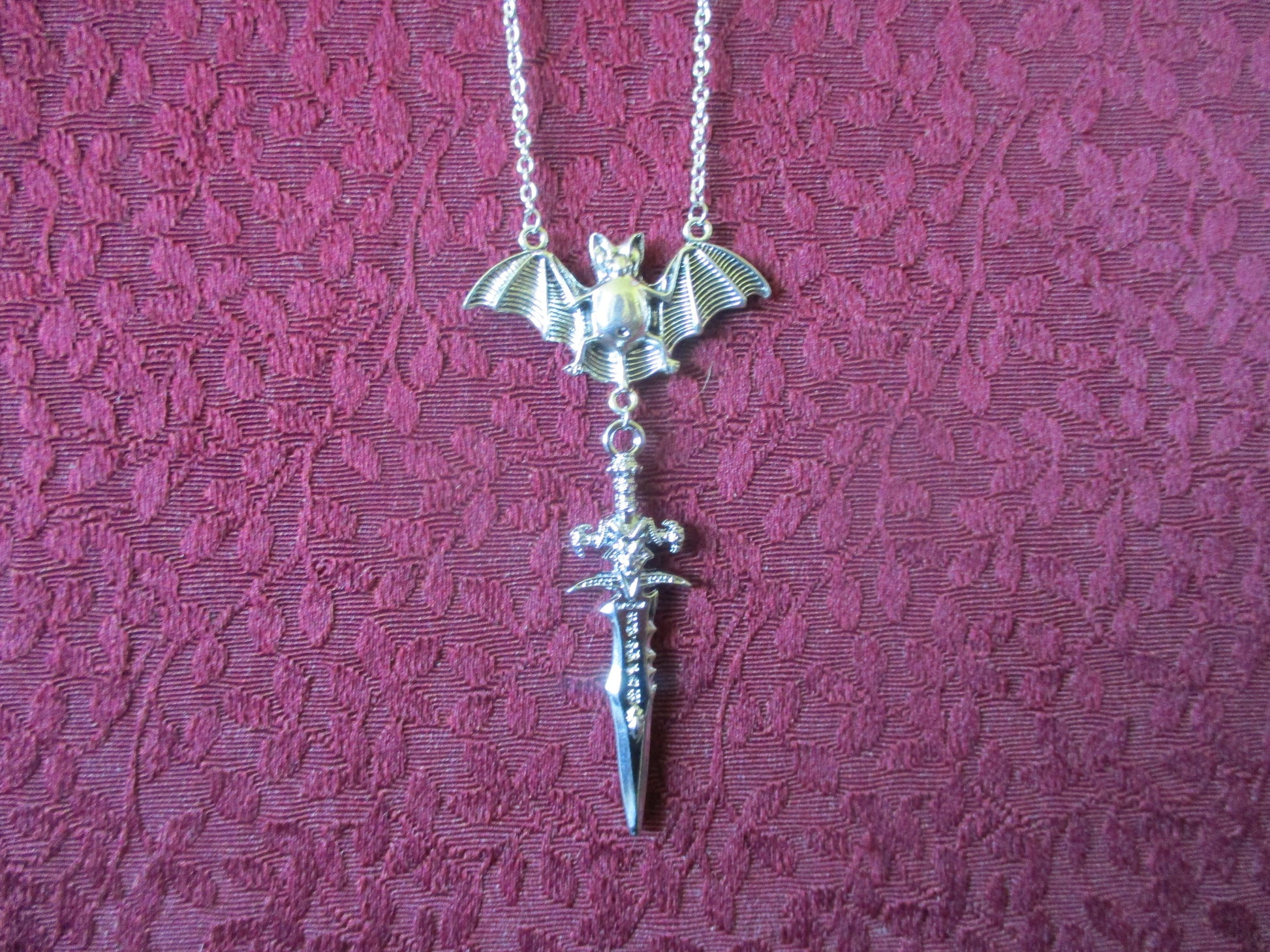 Boho Goth Bat & Fantasy Athame Devil Sword Necklace Pendant