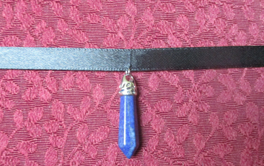 Goth Lapis Lazuli Bullet inverted Pentagram Ribbon Choker Necklace