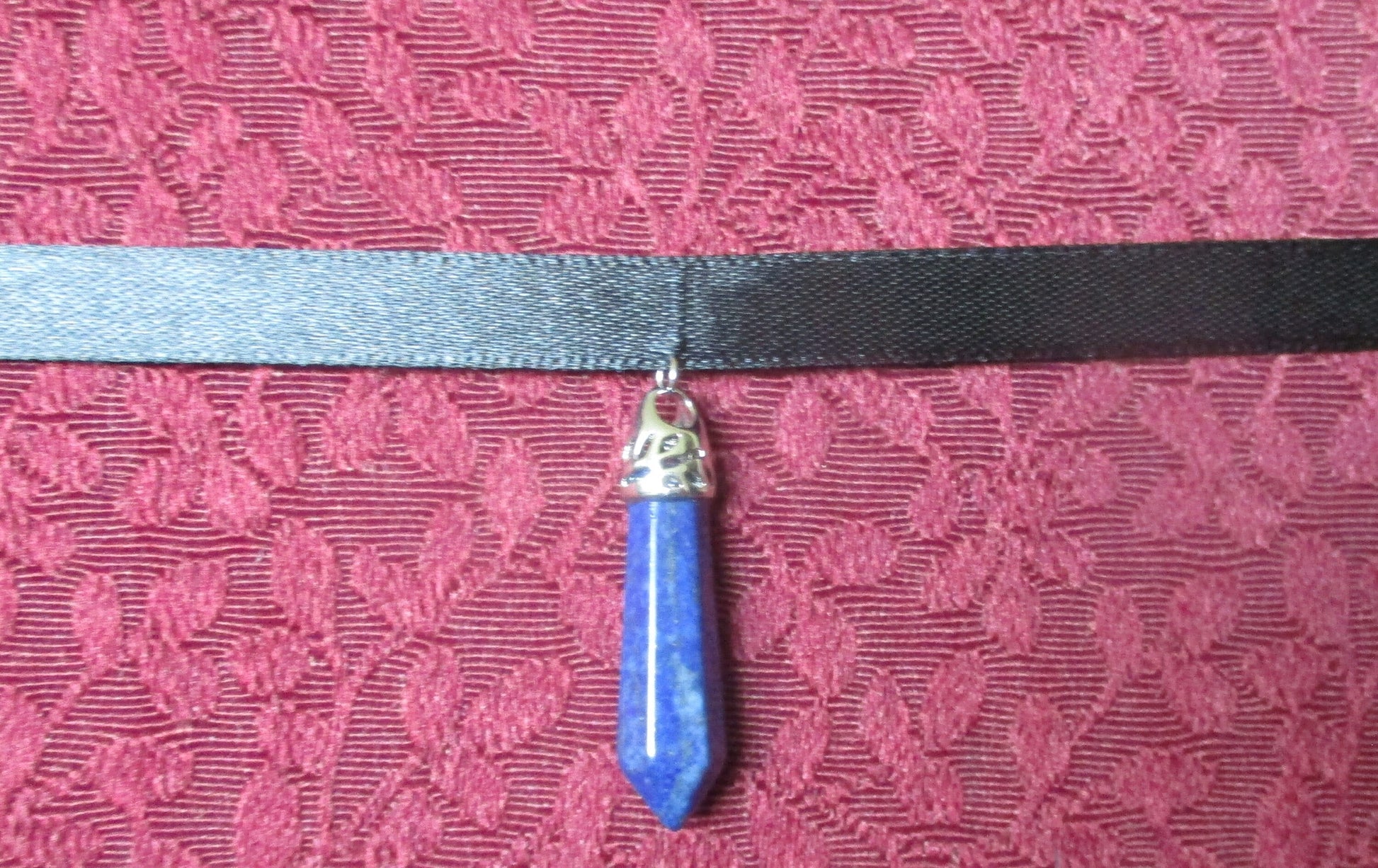 Goth Lapis Lazuli Bullet inverted Pentagram Ribbon Choker Necklace