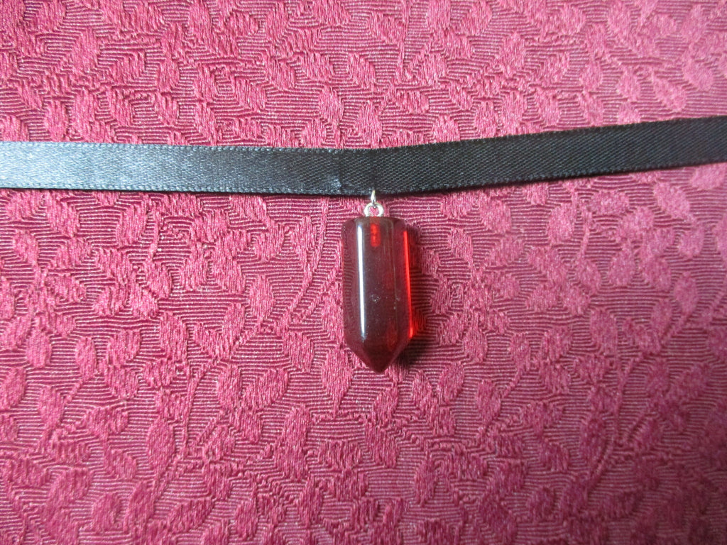 Goth Red Glass  inverted Pentagram Ribbon Choker Necklace
