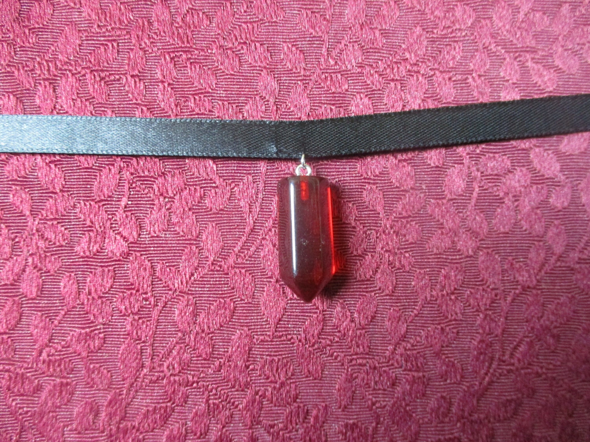 Goth Red Glass  inverted Pentagram Ribbon Choker Necklace
