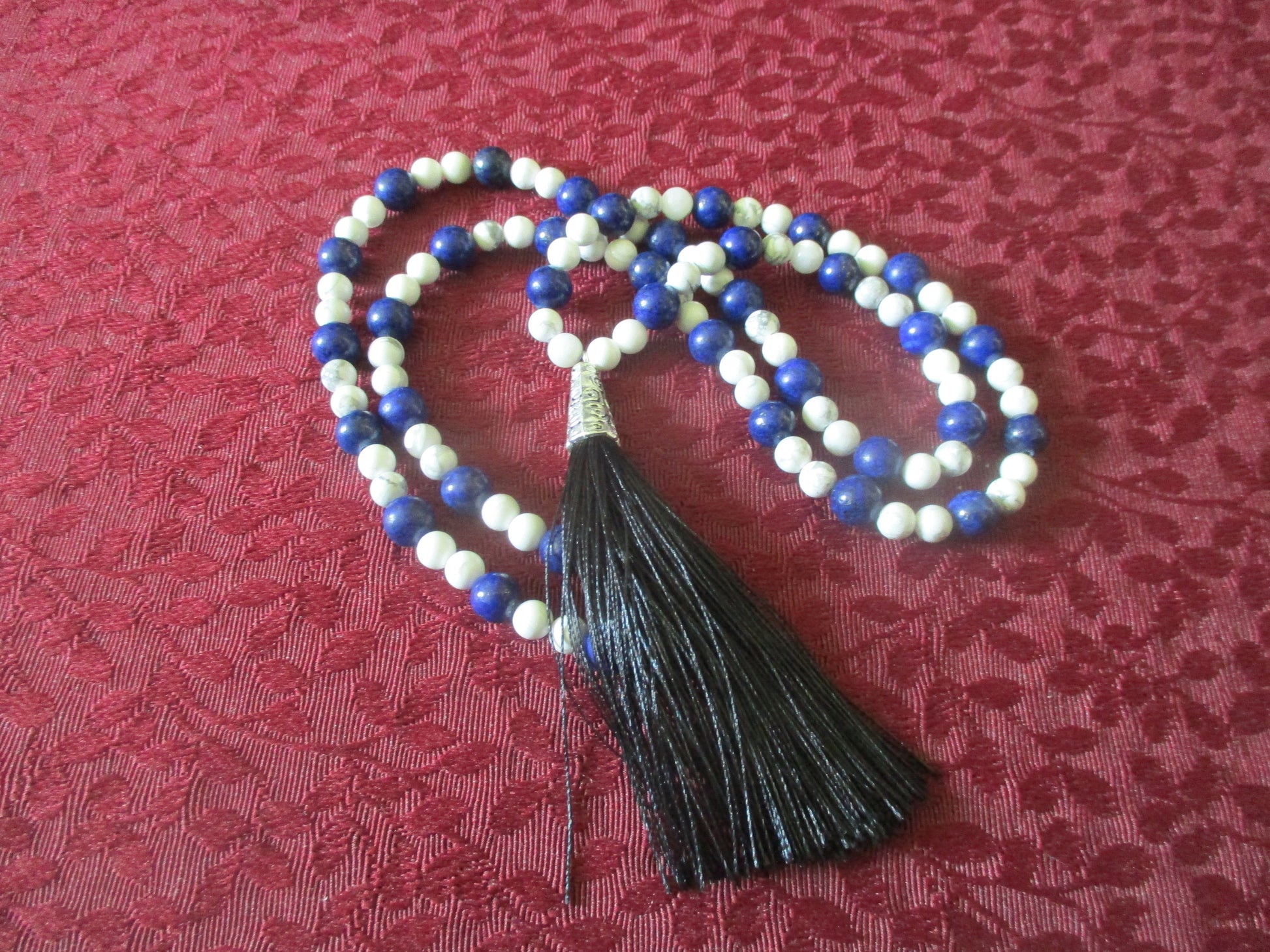 Japa Mala 108 Beads White Howlite Stone, Lapis Lazuli Necklace,