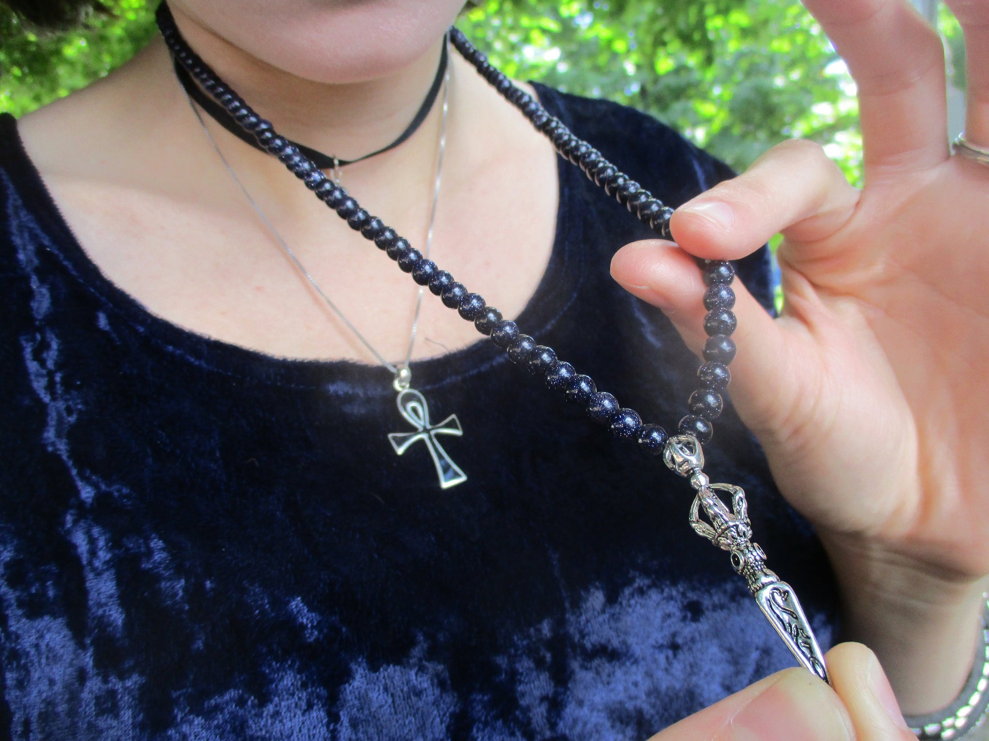 Blue Goldstone Vajra dojre Mala 108 Beads, Necklace
