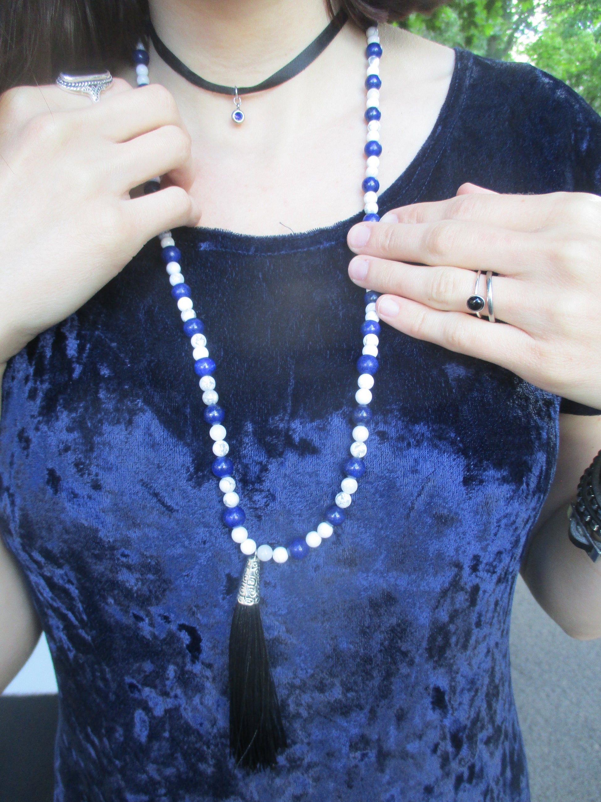 Japa Mala 108 Beads White Howlite Stone, Lapis Lazuli Necklace,