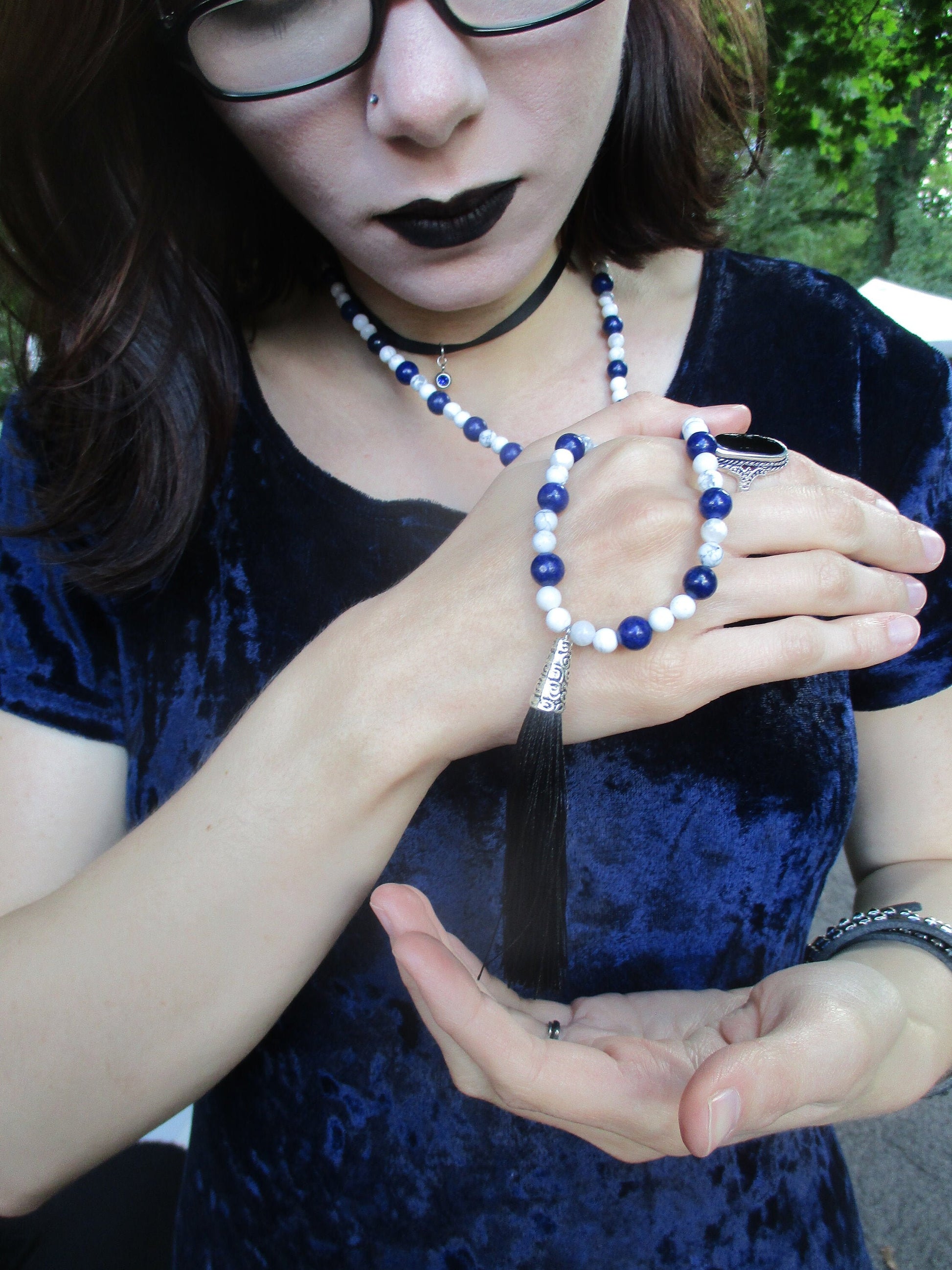 Japa Mala 108 Beads White Howlite Stone, Lapis Lazuli Necklace,