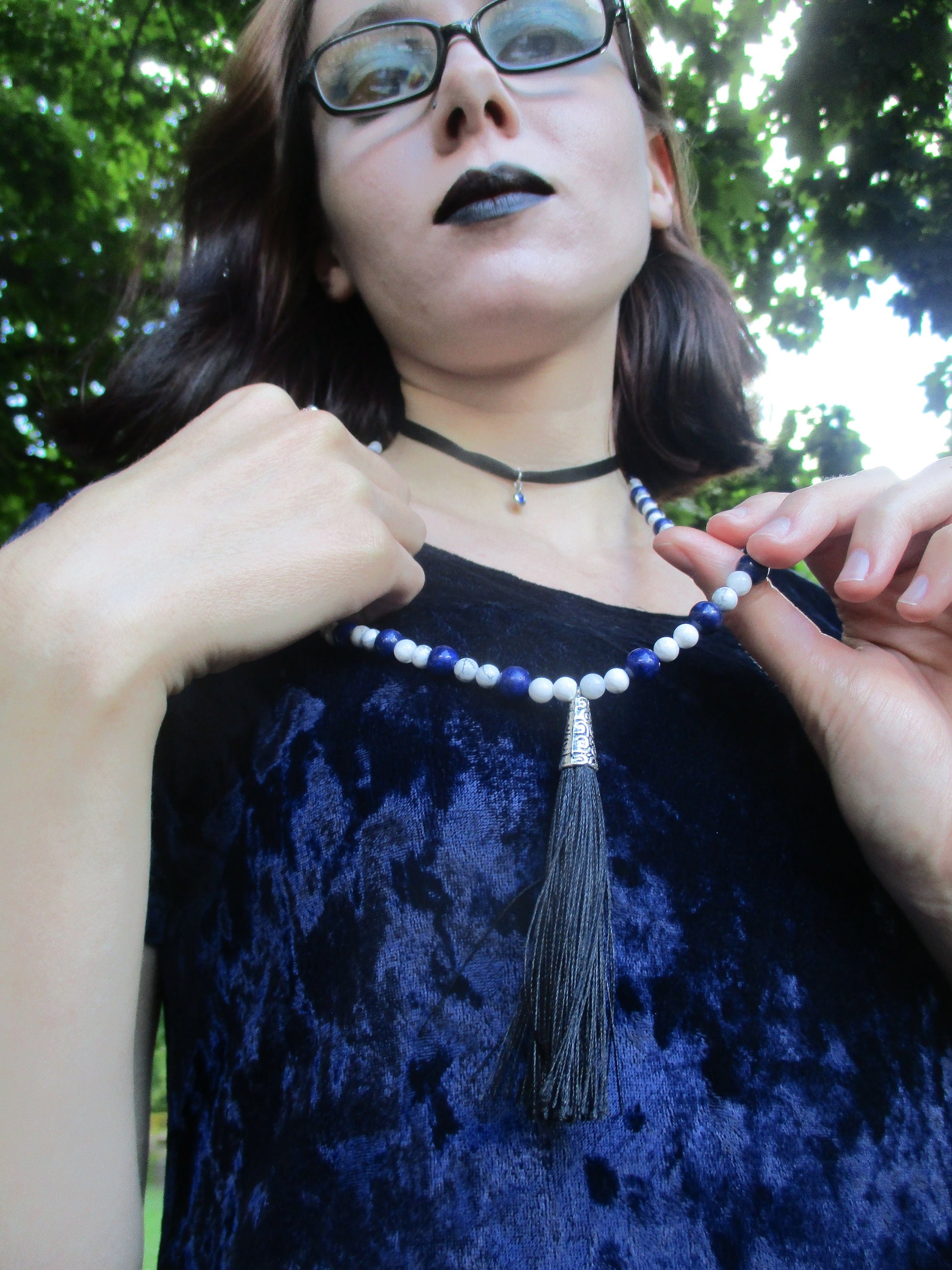 Japa Mala 108 Beads White Howlite Stone, Lapis Lazuli Necklace,