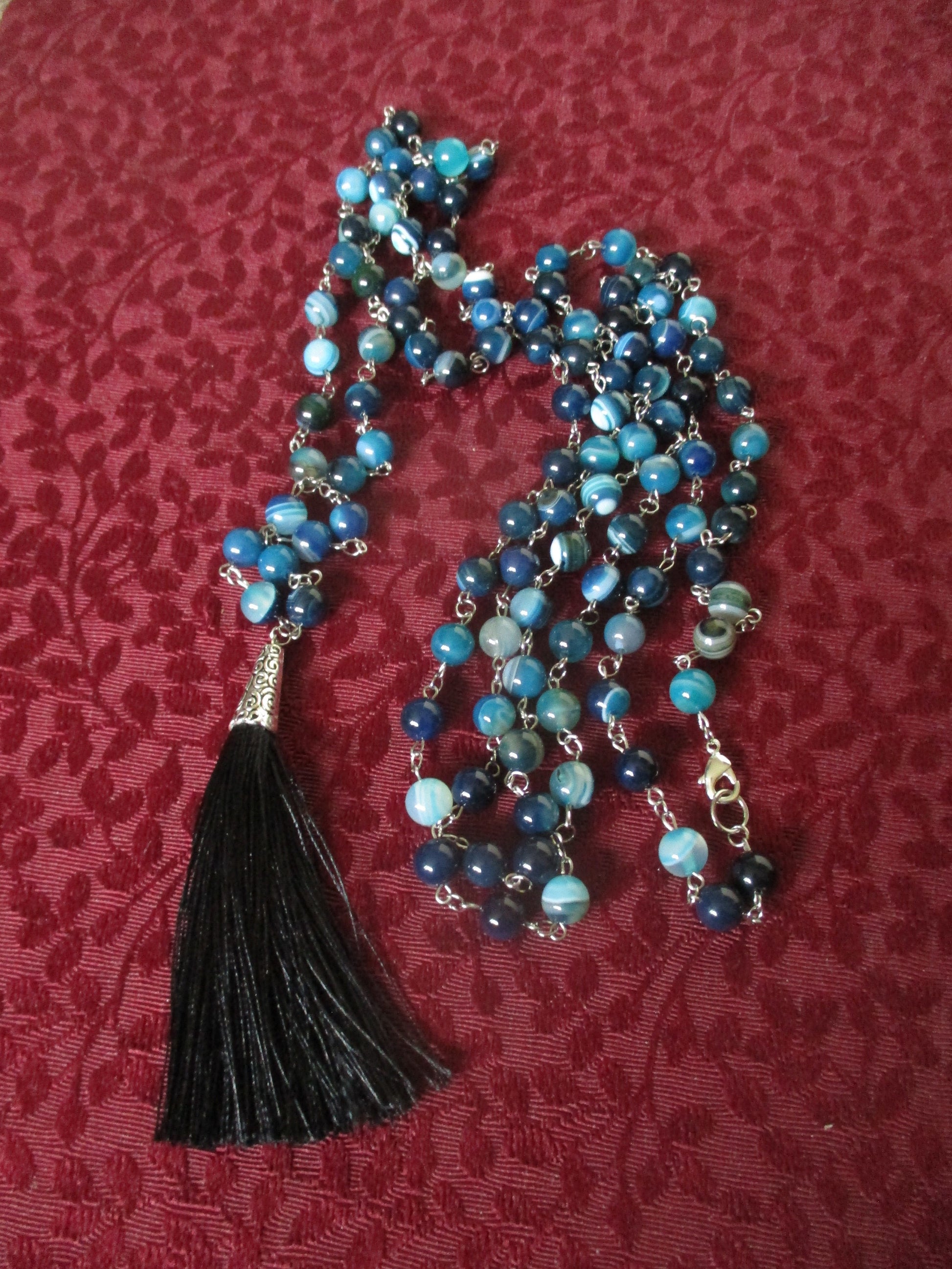 Japa Mala 108 Beads, Blue Banded Agate Rosary chain Necklace,