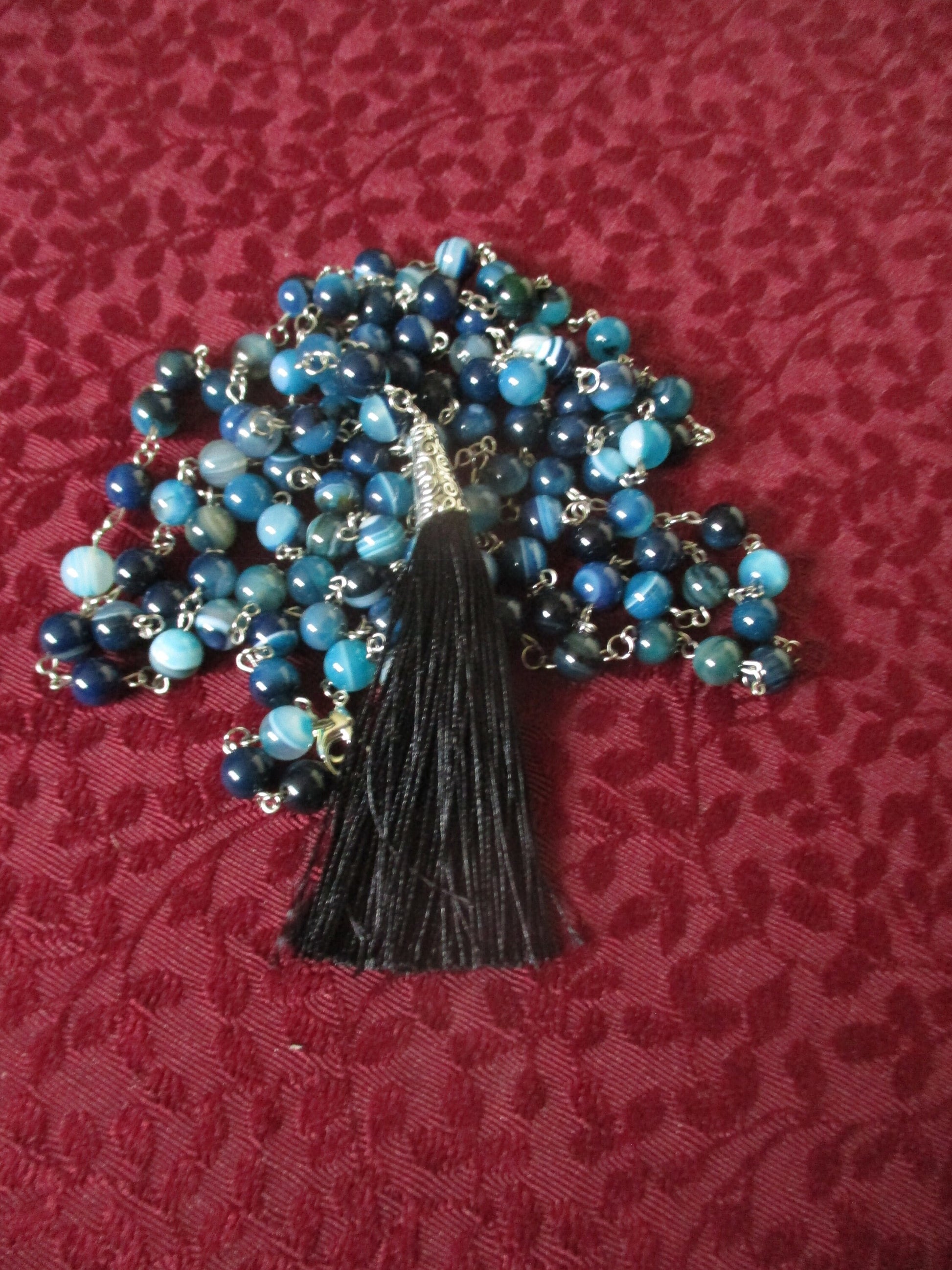 Japa Mala 108 Beads, Blue Banded Agate Rosary chain Necklace,