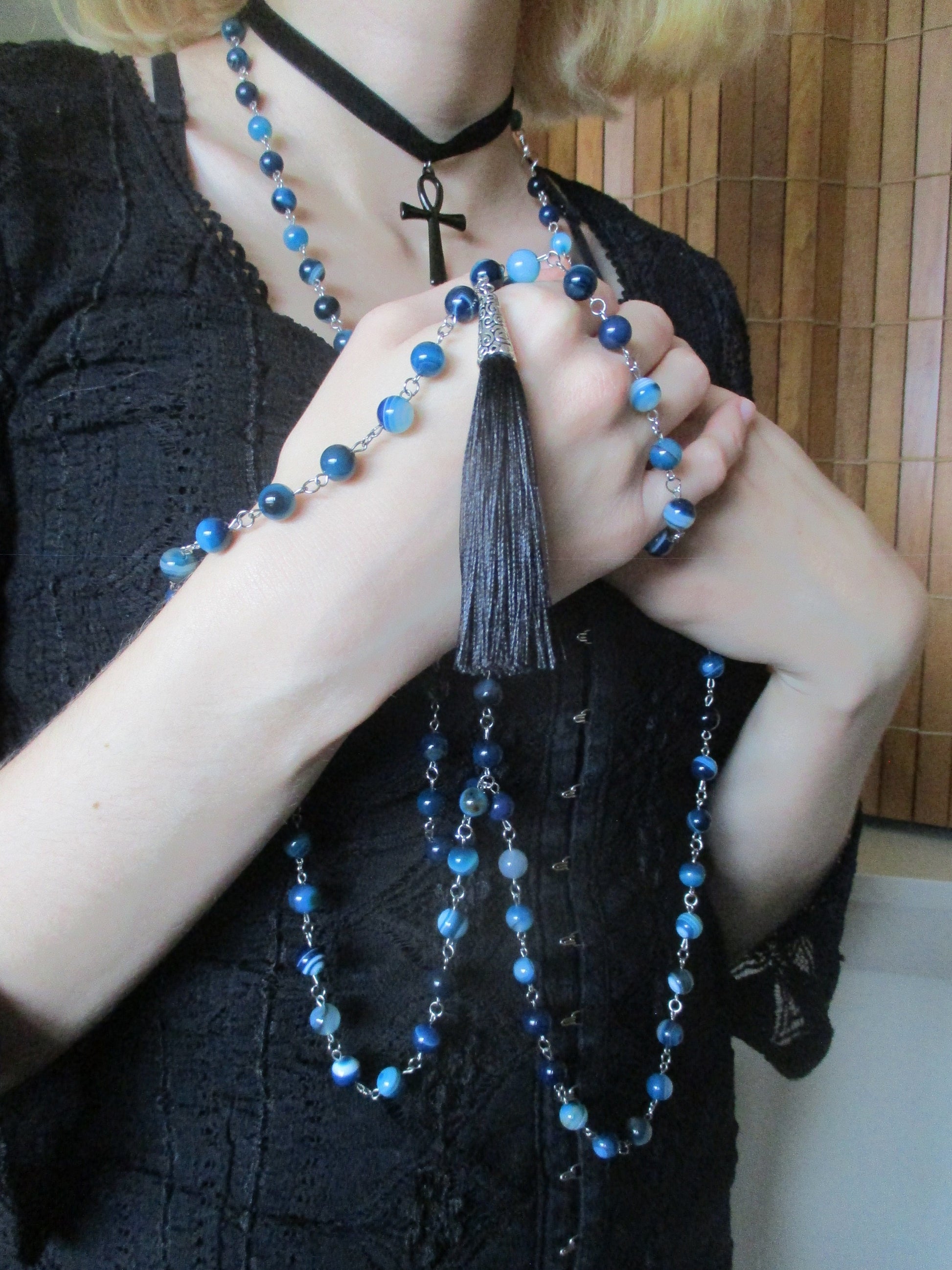 Japa Mala 108 Beads, Blue Banded Agate Rosary chain Necklace,