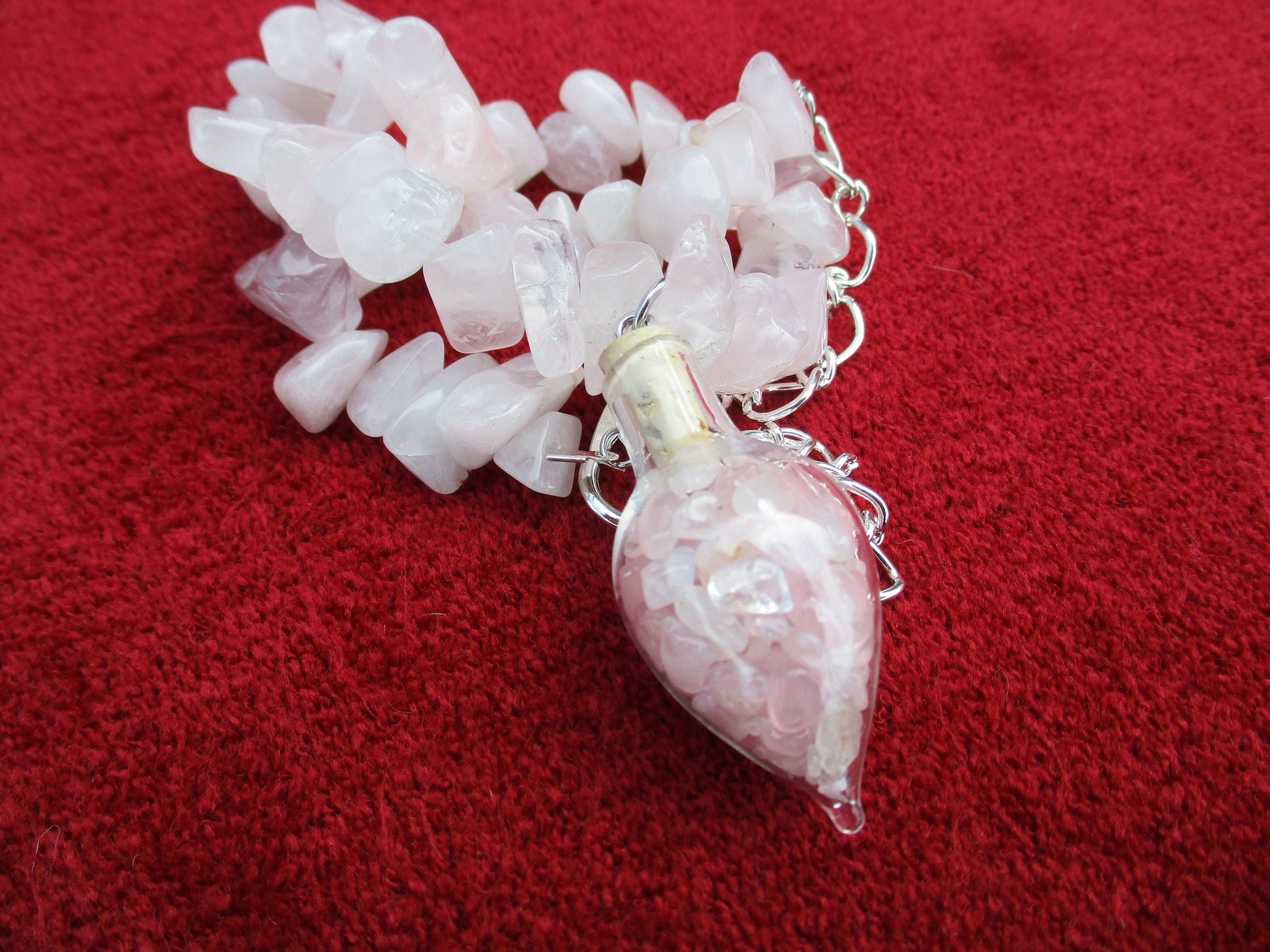 Occult Rose Quartz Teardrop Heart Glass Vial bottle Pendant gemstone chip Necklace