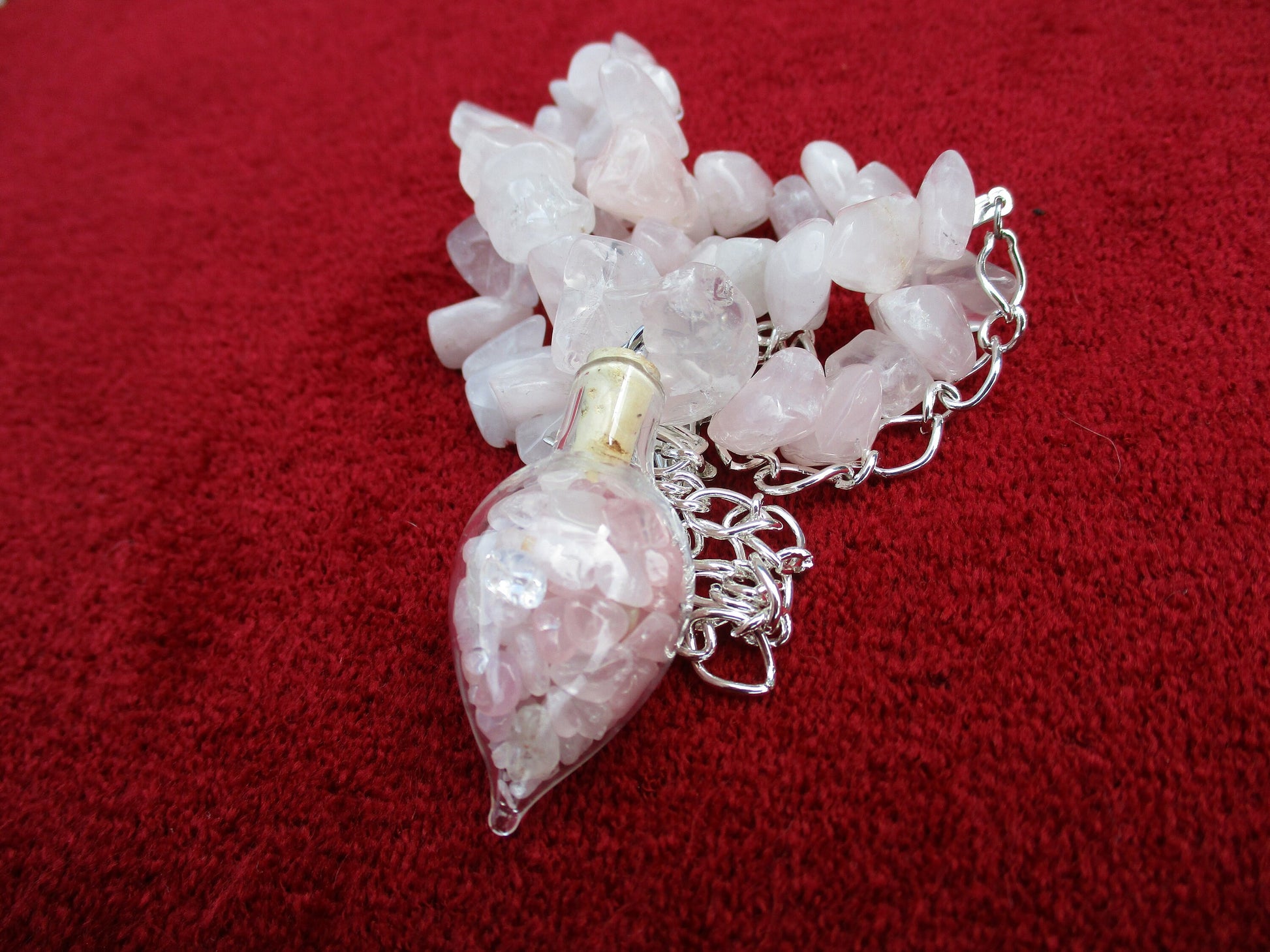 Occult Rose Quartz Teardrop Heart Glass Vial bottle Pendant gemstone chip Necklace