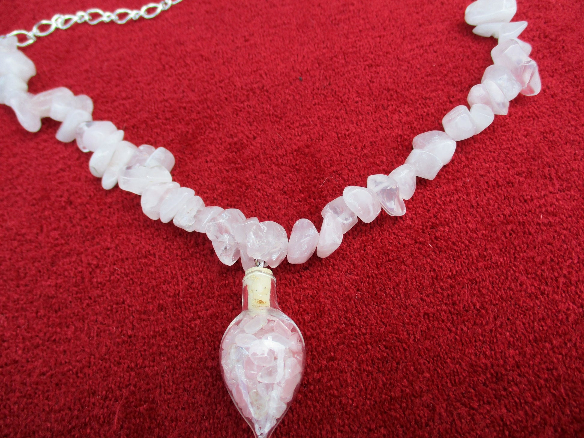 Occult Rose Quartz Teardrop Heart Glass Vial bottle Pendant gemstone chip Necklace