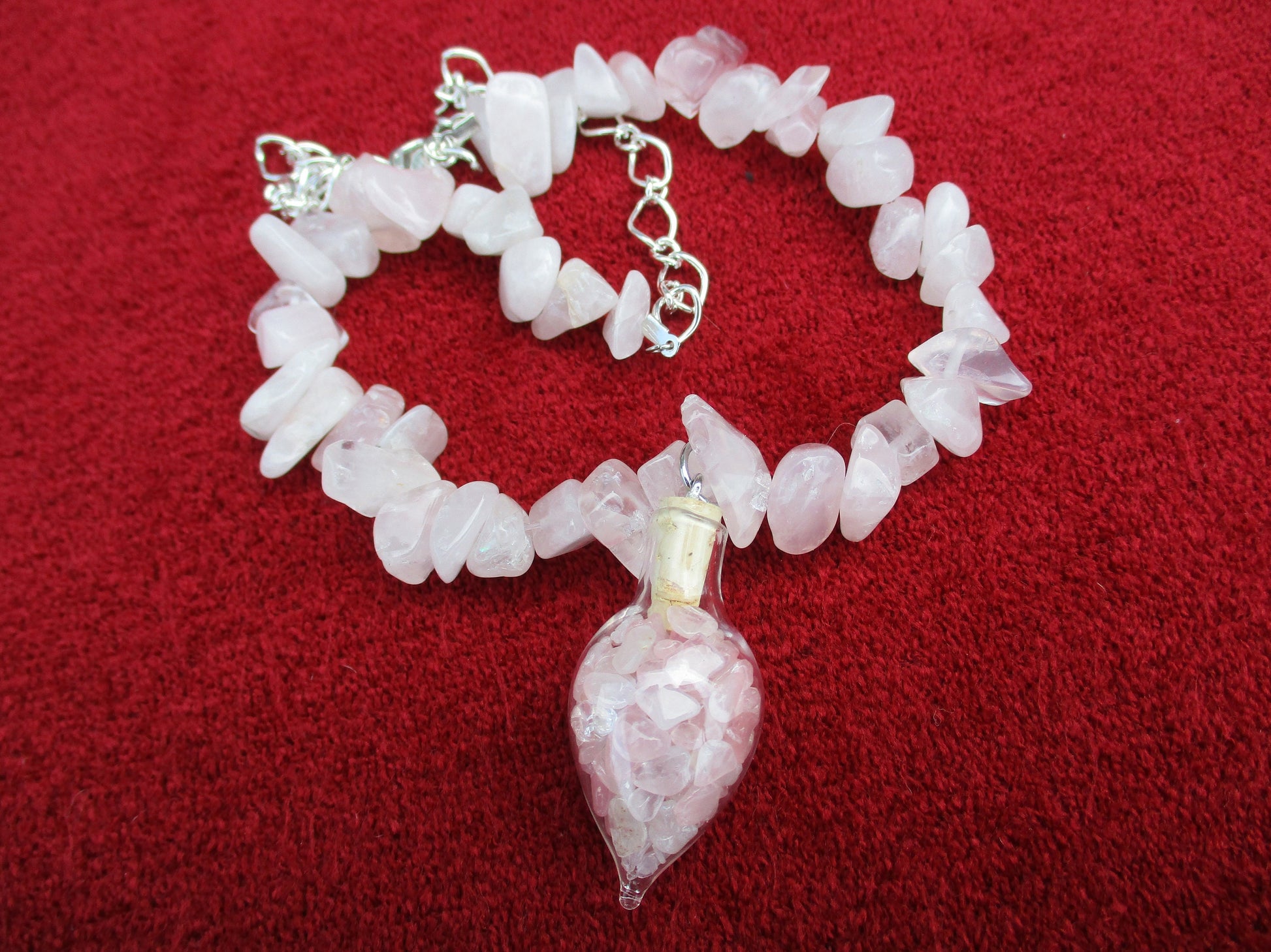 Occult Rose Quartz Teardrop Heart Glass Vial bottle Pendant gemstone chip Necklace