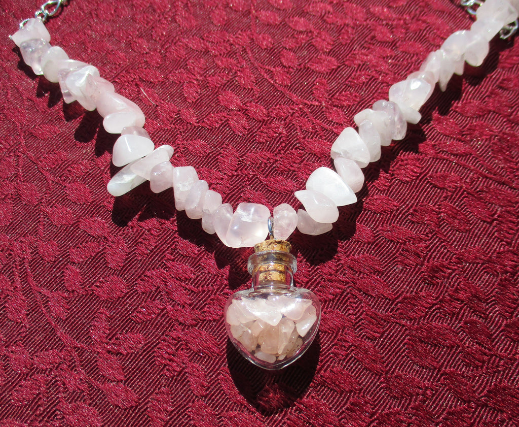 Occult Rose Quartz Teardrop Heart Glass Vial bottle Pendant gemstone chip Necklace