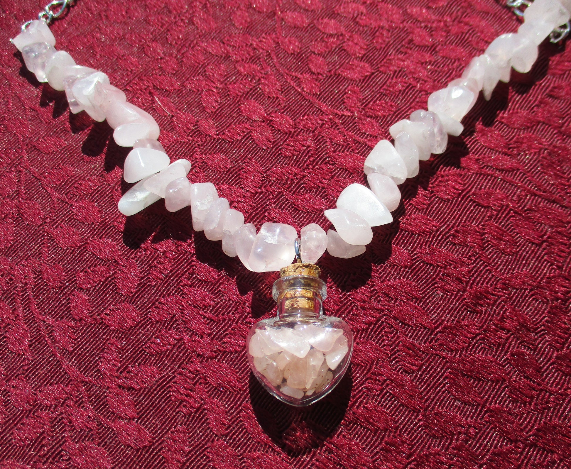 Occult Rose Quartz Teardrop Heart Glass Vial bottle Pendant gemstone chip Necklace