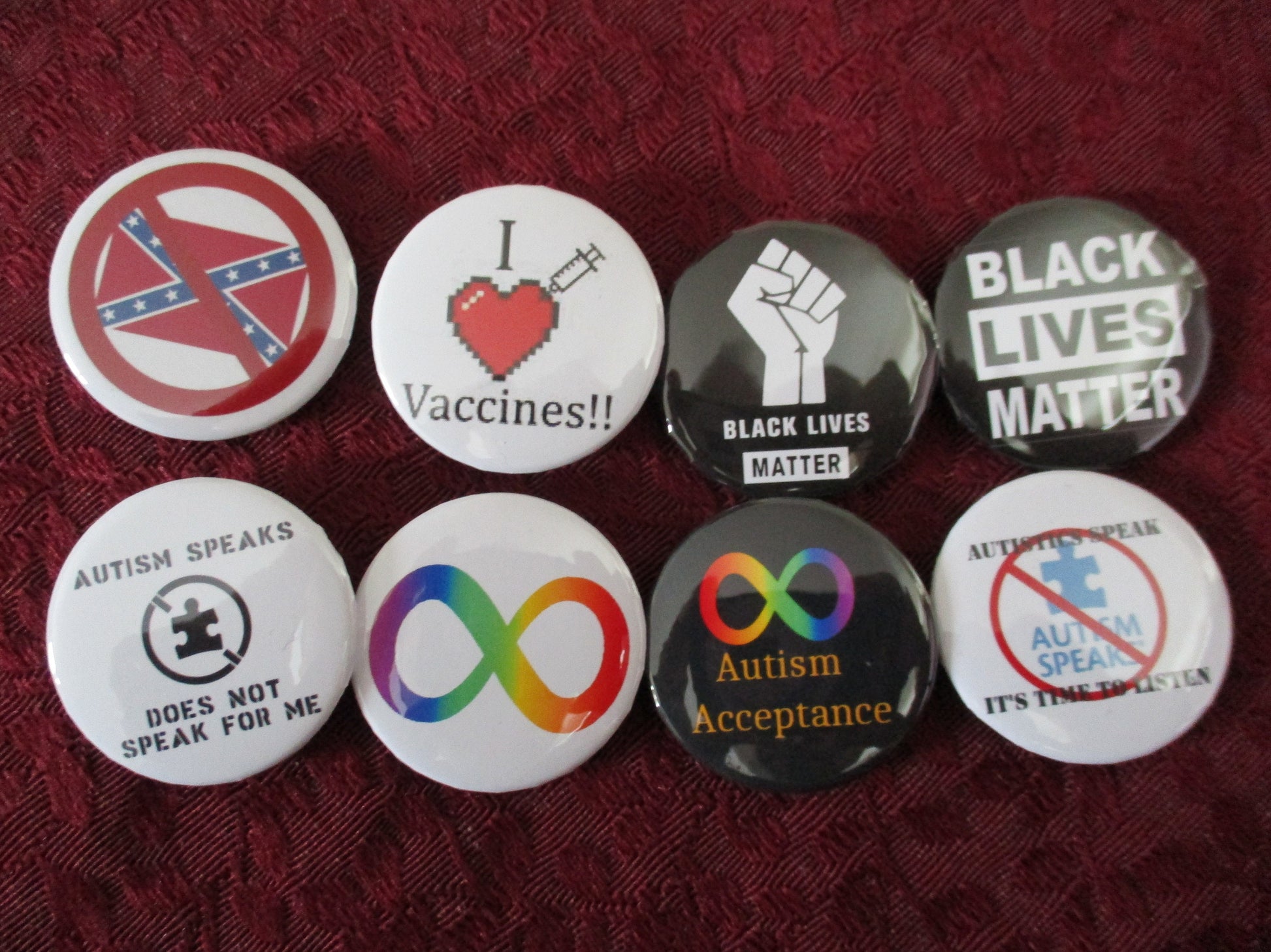 I love Vaccines, Neurodiversity Black Lives Matter BLM political pins buttons 1.46''
