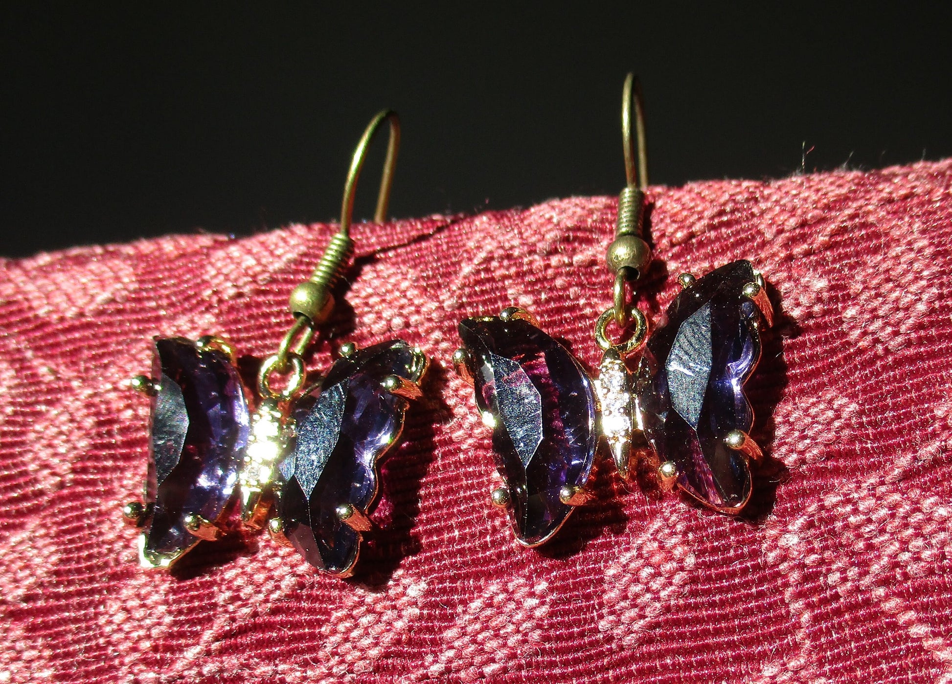 Cute kawaii purple or red Cubic Zirconia glass dainty butterfly Earrings