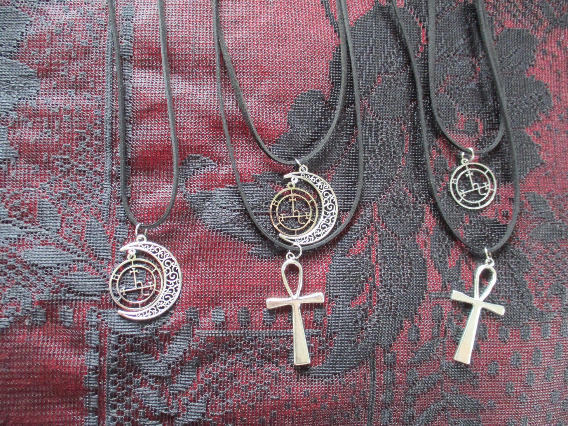 Satanic Sigil of Lilith & Crescent Moon Ankh Dual Strand Pendant Necklace