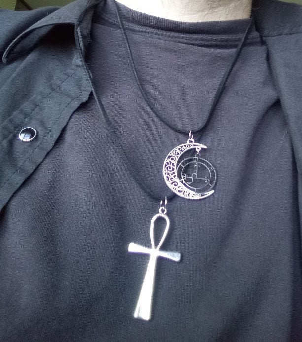 Satanic Sigil of Lilith & Crescent Moon Ankh Dual Strand Pendant Necklace