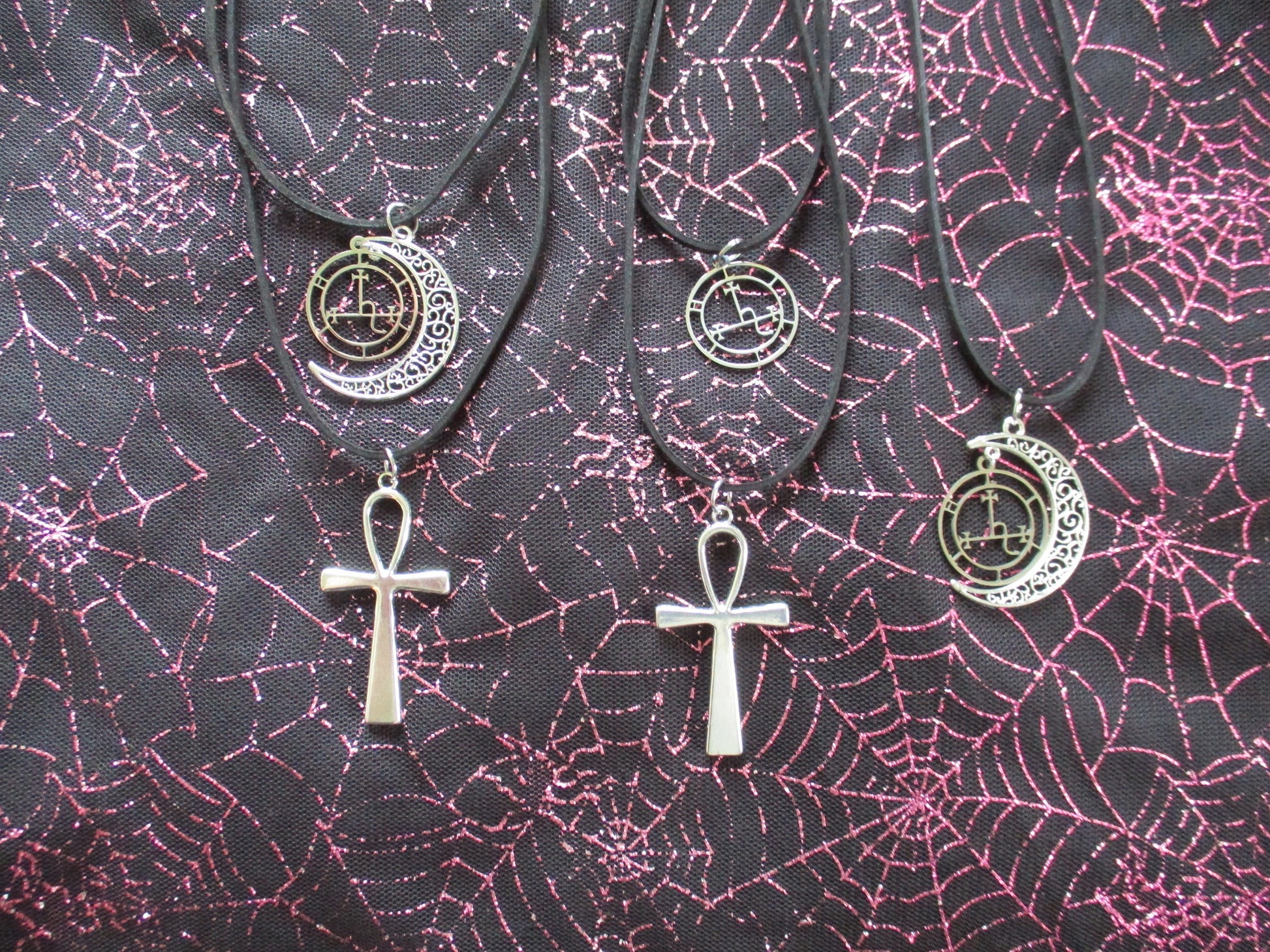 Satanic Sigil of Lilith & Crescent Moon Ankh Dual Strand Pendant Necklace