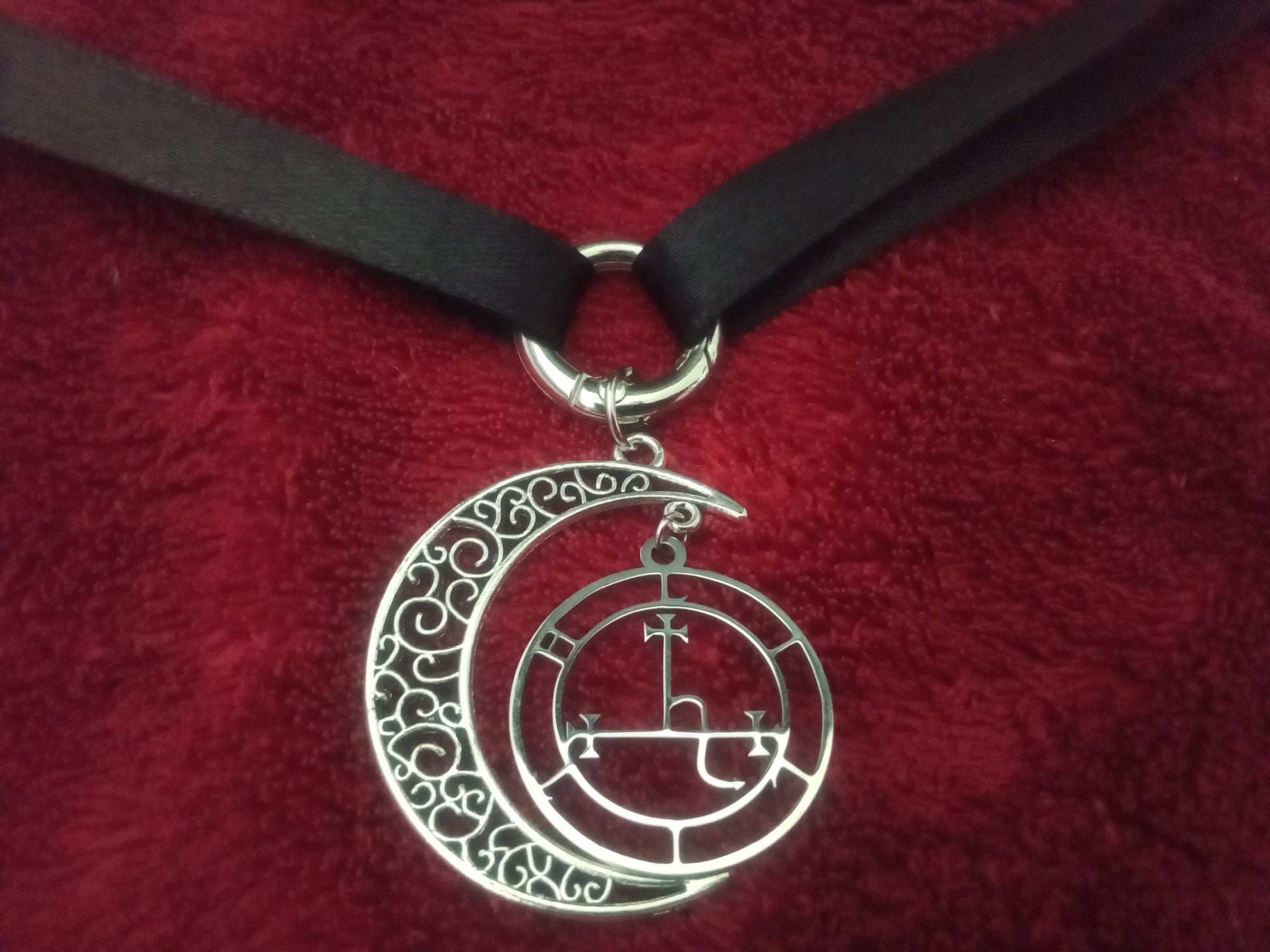 Satanic Sigil of Lilith & Crescent Moon Satin Choker with O Ring Pendant