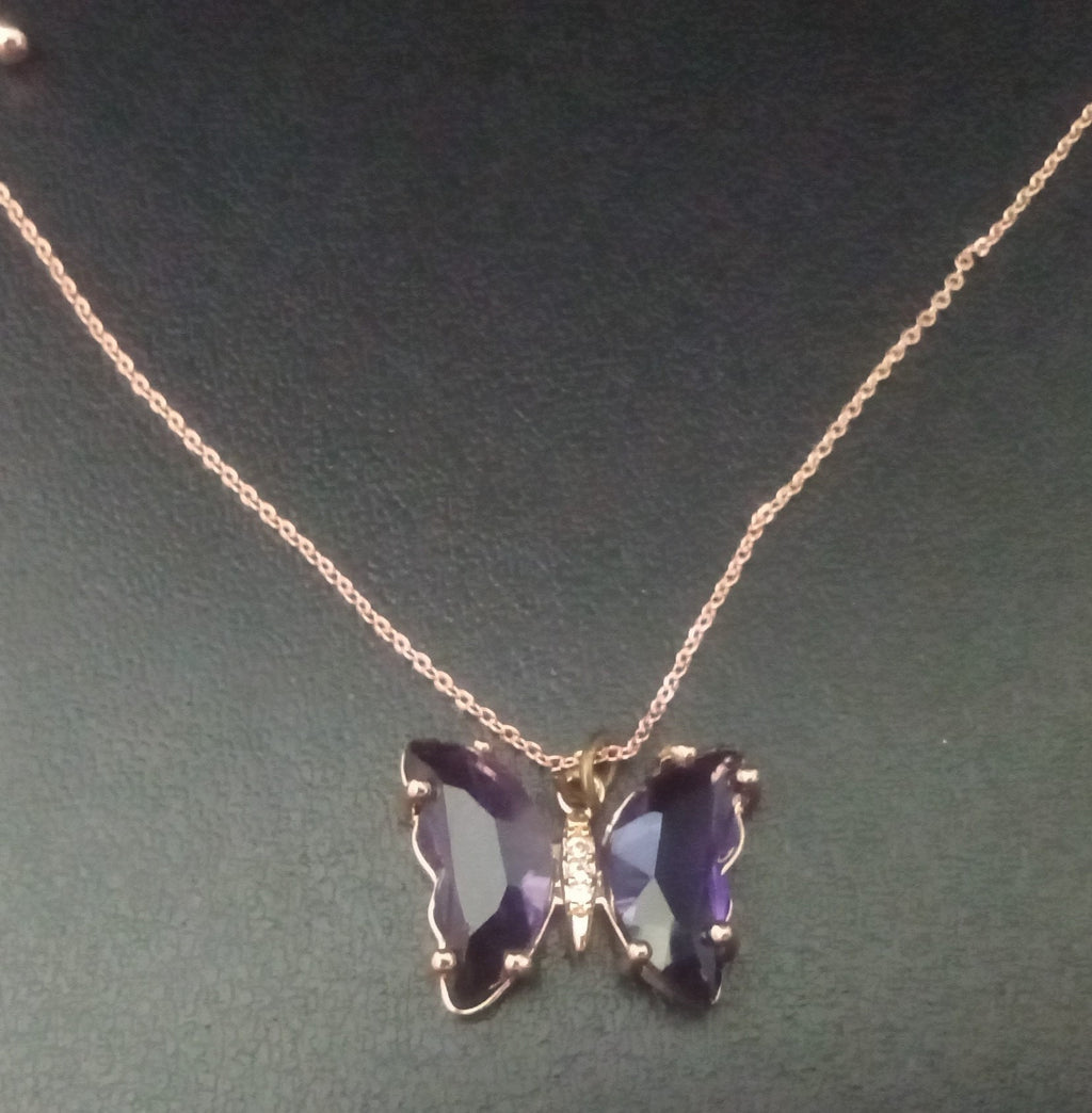 Glass Butterfly rose gold plated chain pendant necklace Red or Purple
