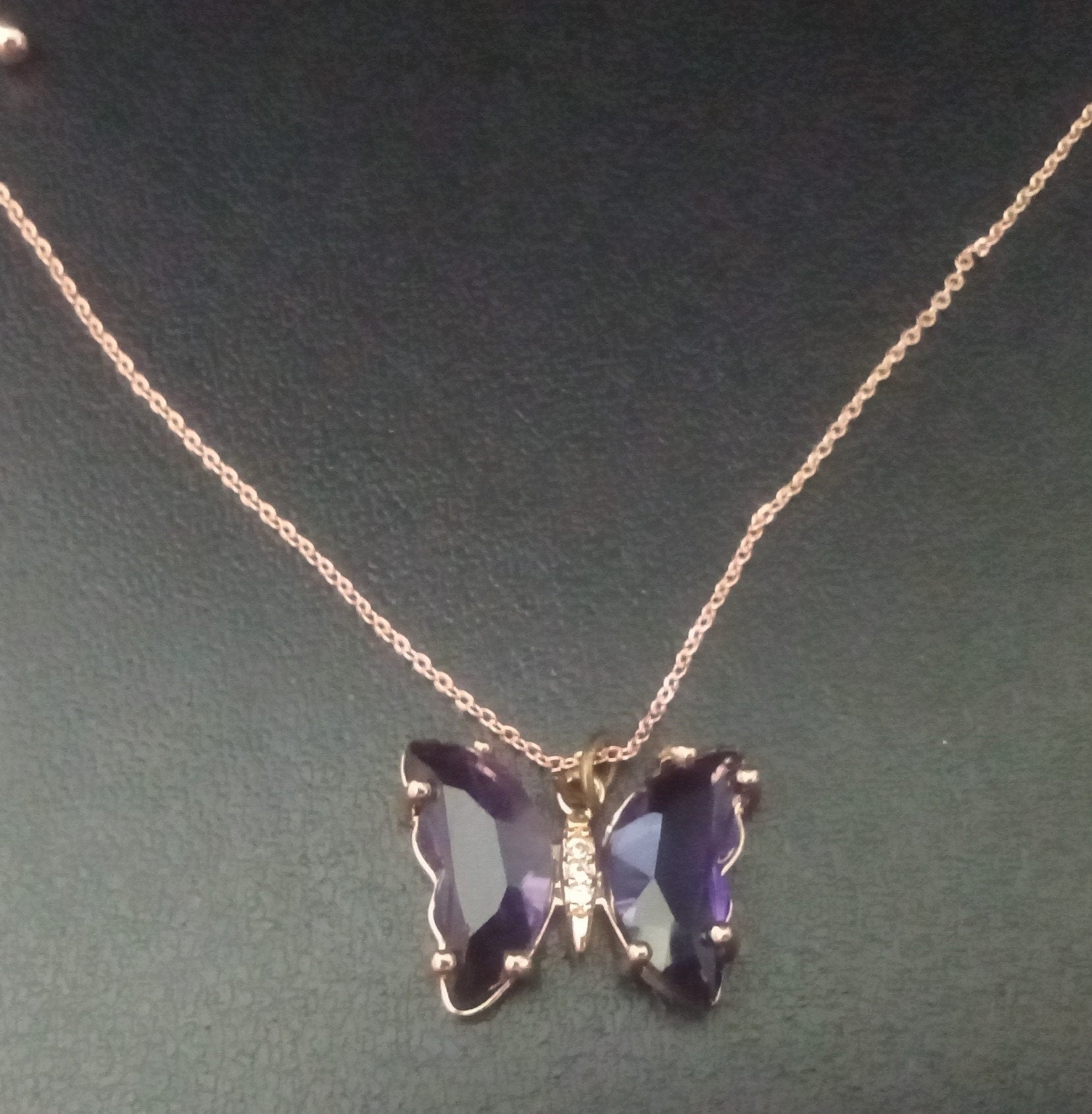Glass Butterfly rose gold plated chain pendant necklace Red or Purple