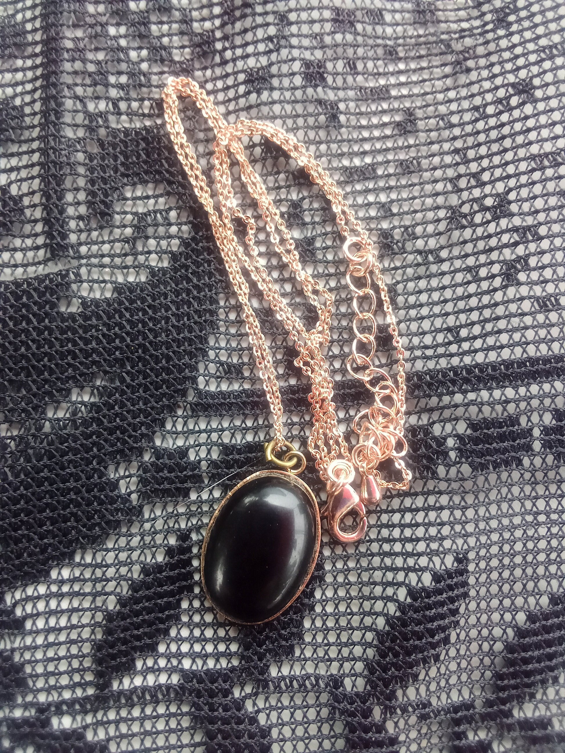 Oval Obsidian rose gold plated chain pendant necklace
