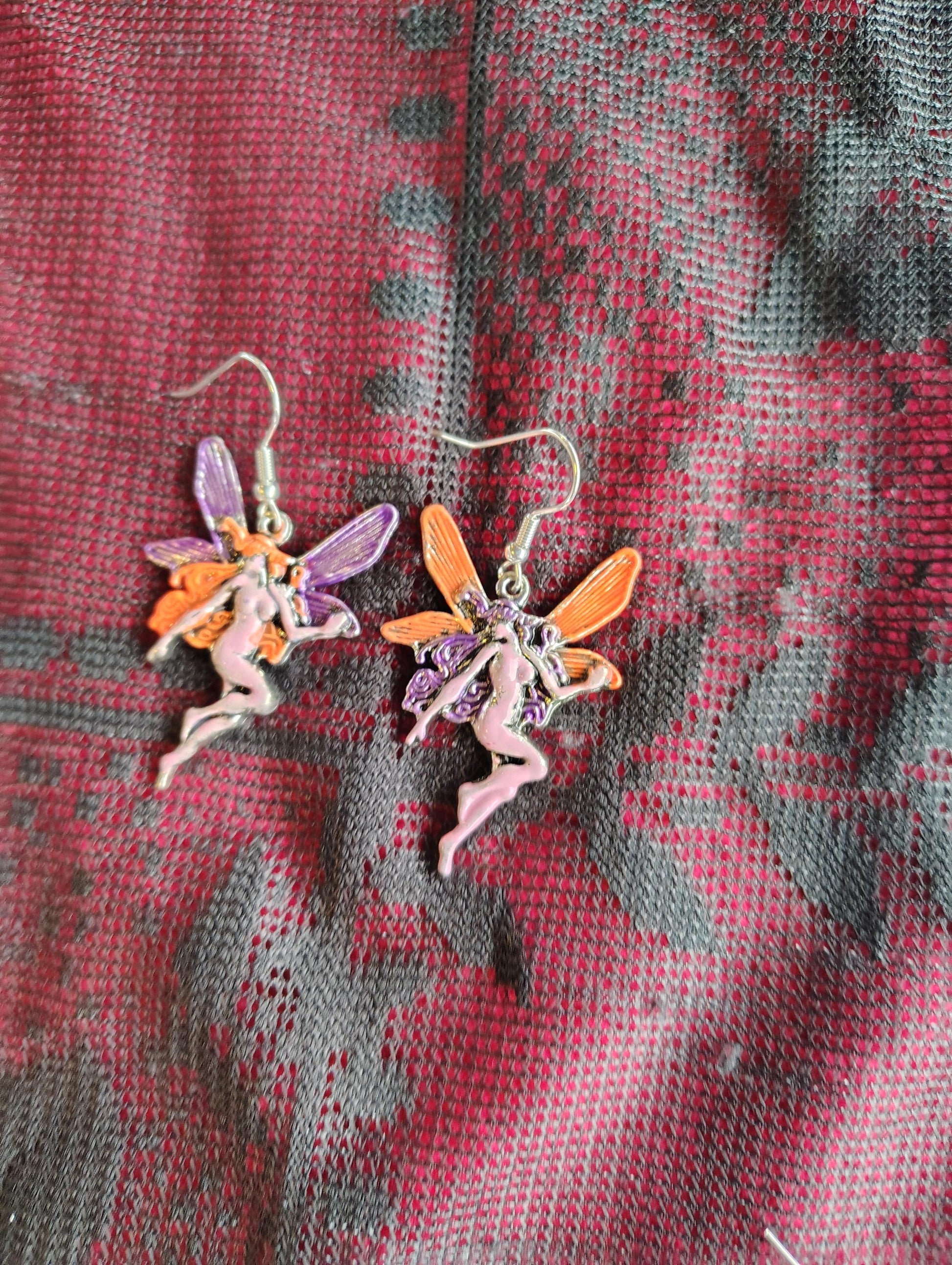 Pink, orange, purple Fairy, Faerie pixie painted earrings