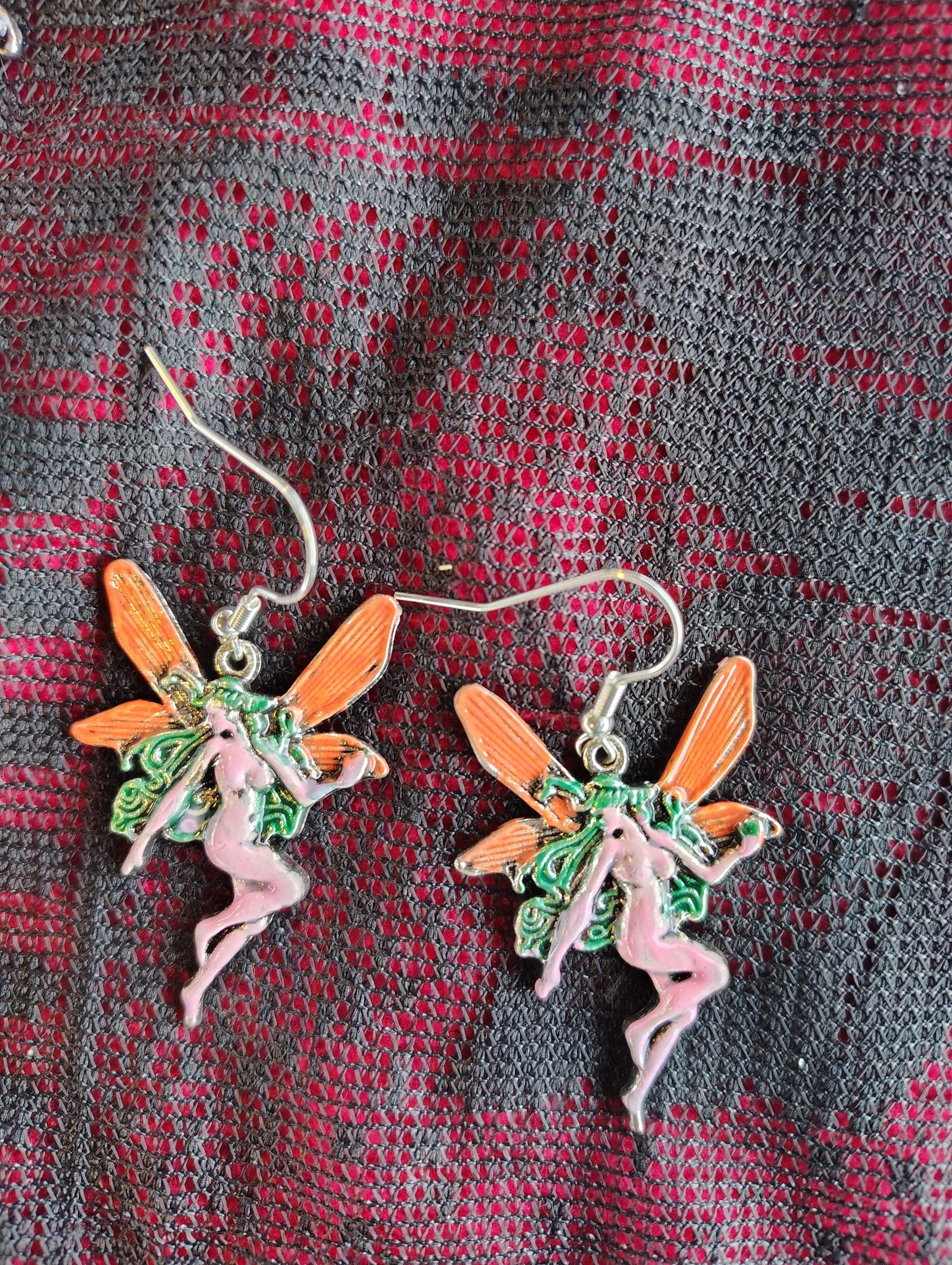 Pink, orange, green Fairy, Faerie pixie painted earrings