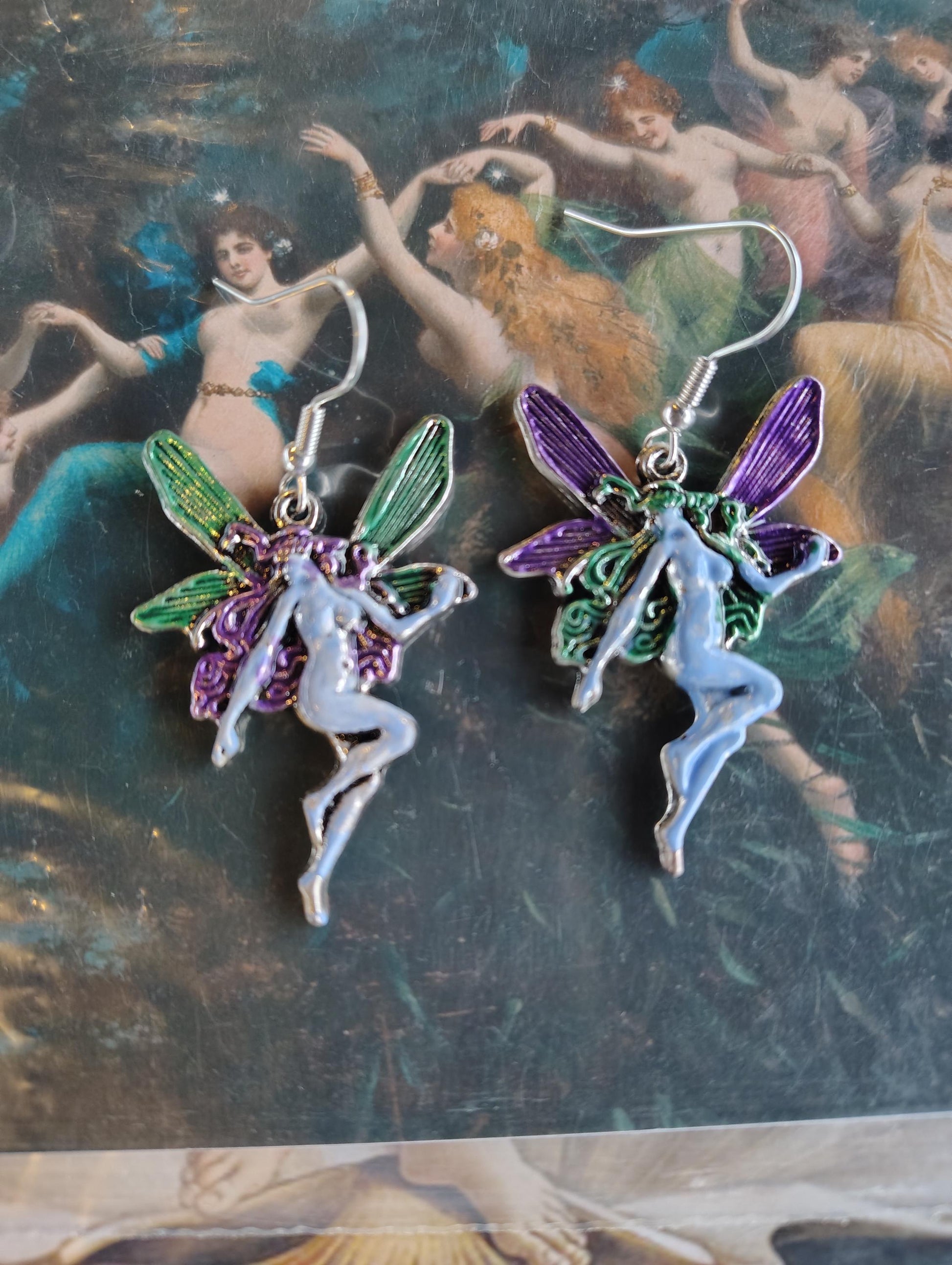 Blue, green, purple Fairy, Faerie pixie painted earrings