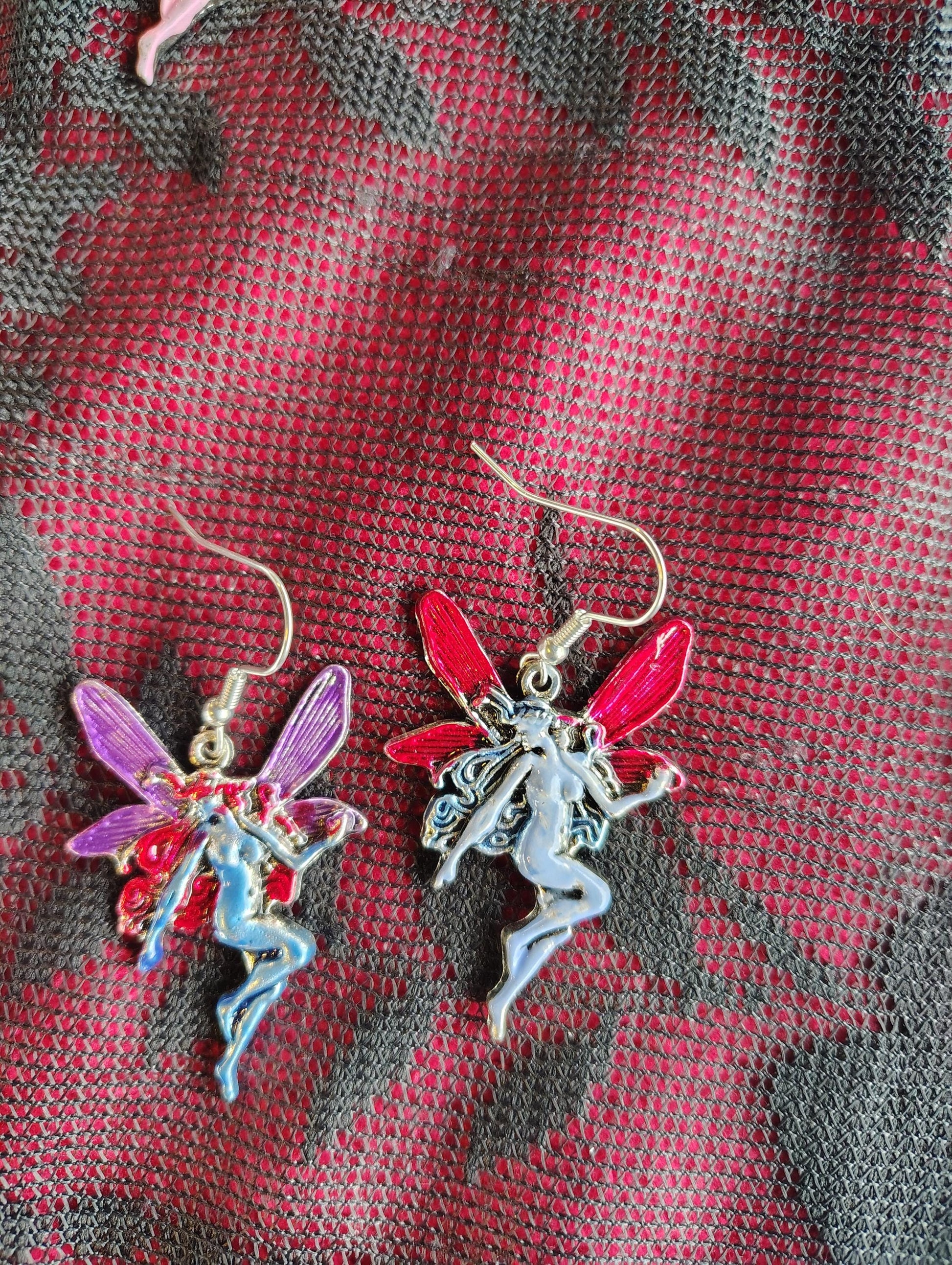 Blue, red, purple Fairy, Faerie pixie painted earrings