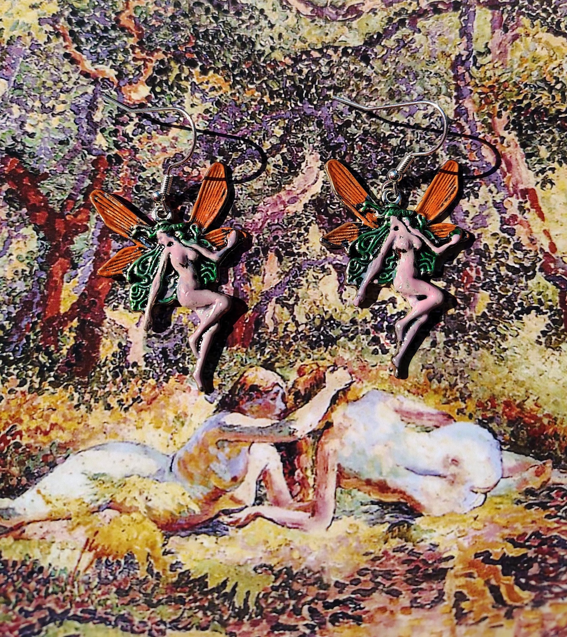 Pink, orange, green Fairy, Faerie pixie painted earrings