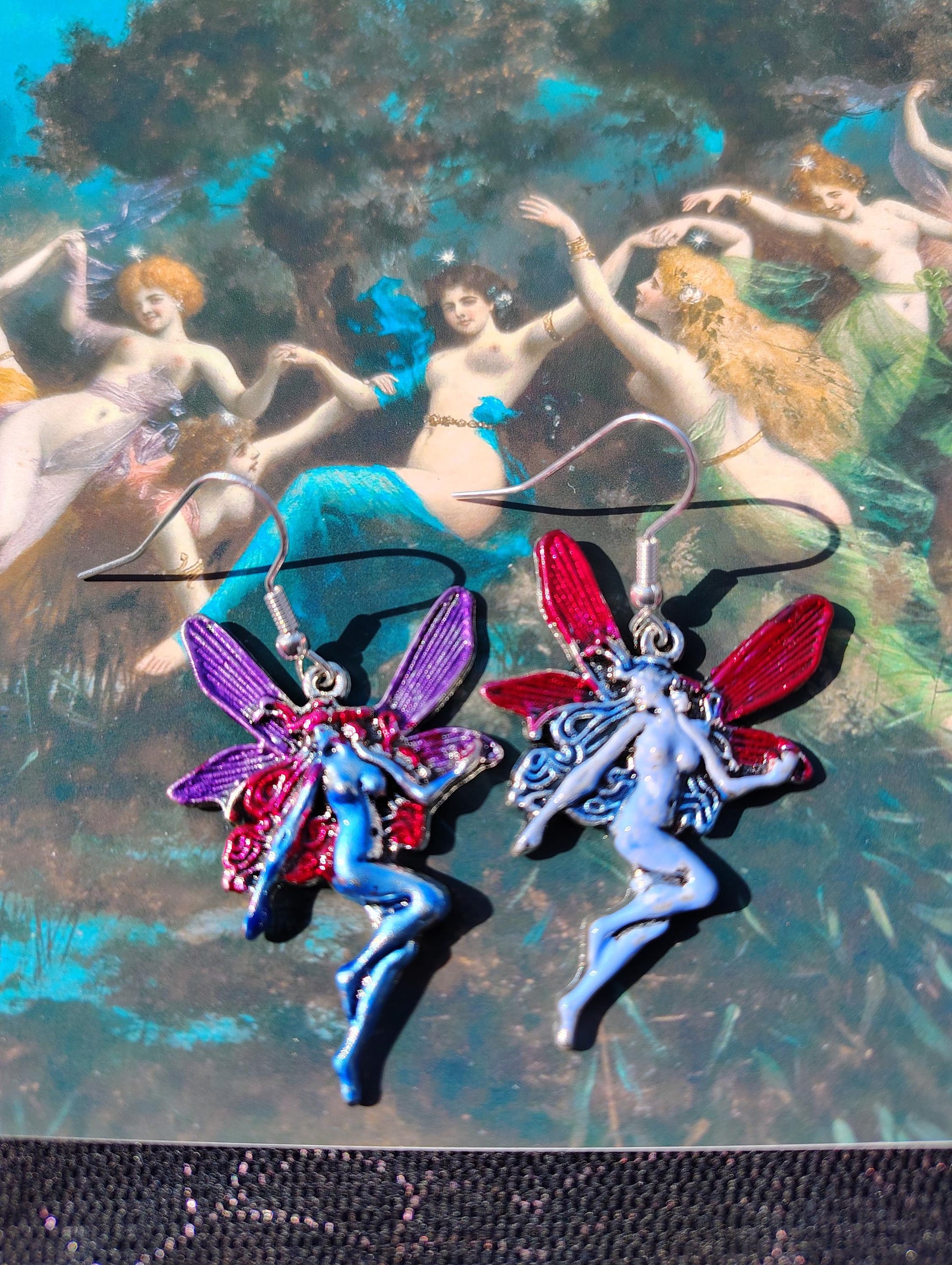 Blue, red, purple Fairy, Faerie pixie painted earrings