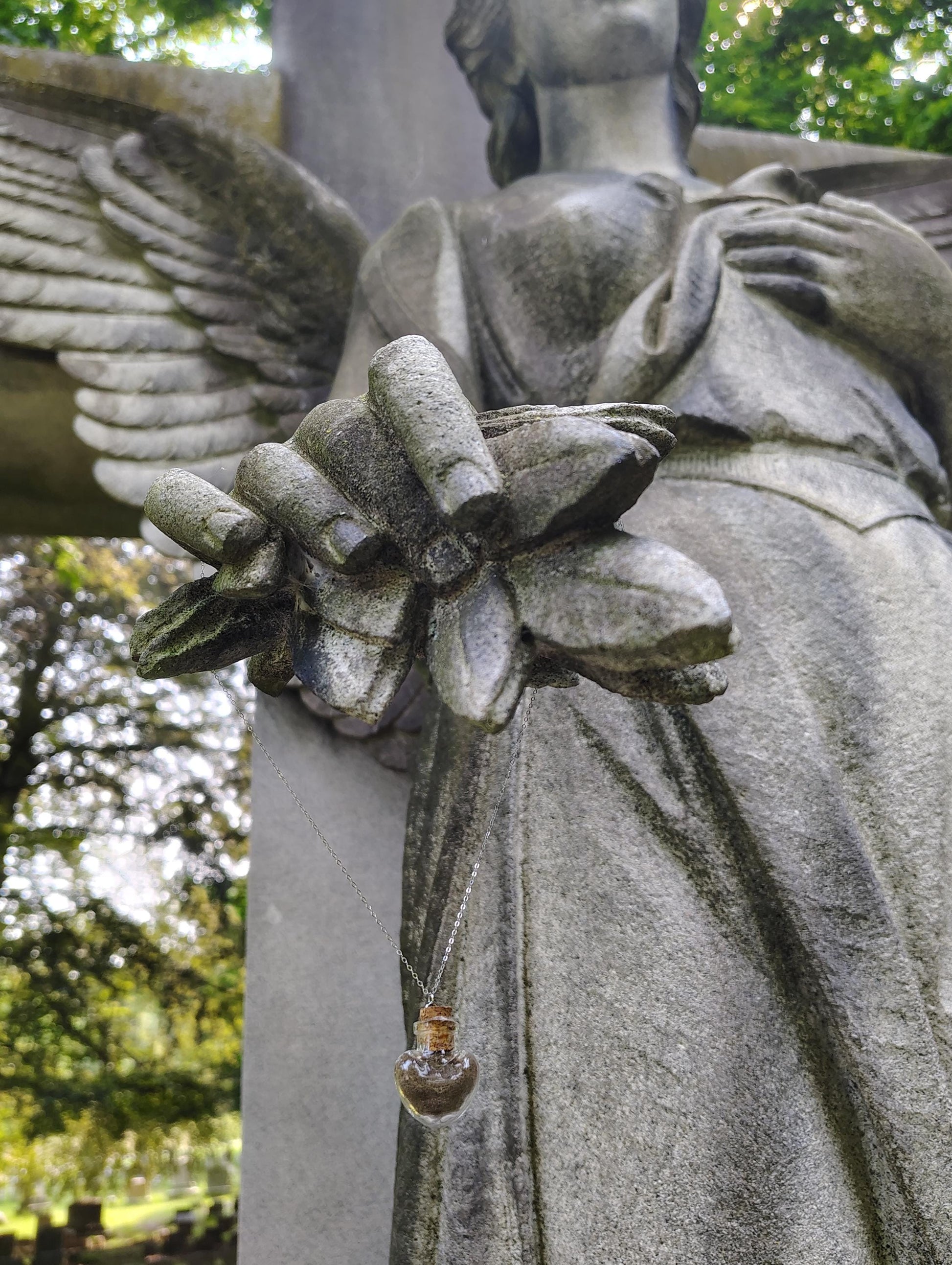 Mount Hope Cemetery Graveyard Dirt Voodoo Memento Mori heart Glass Vial gold/silver necklace