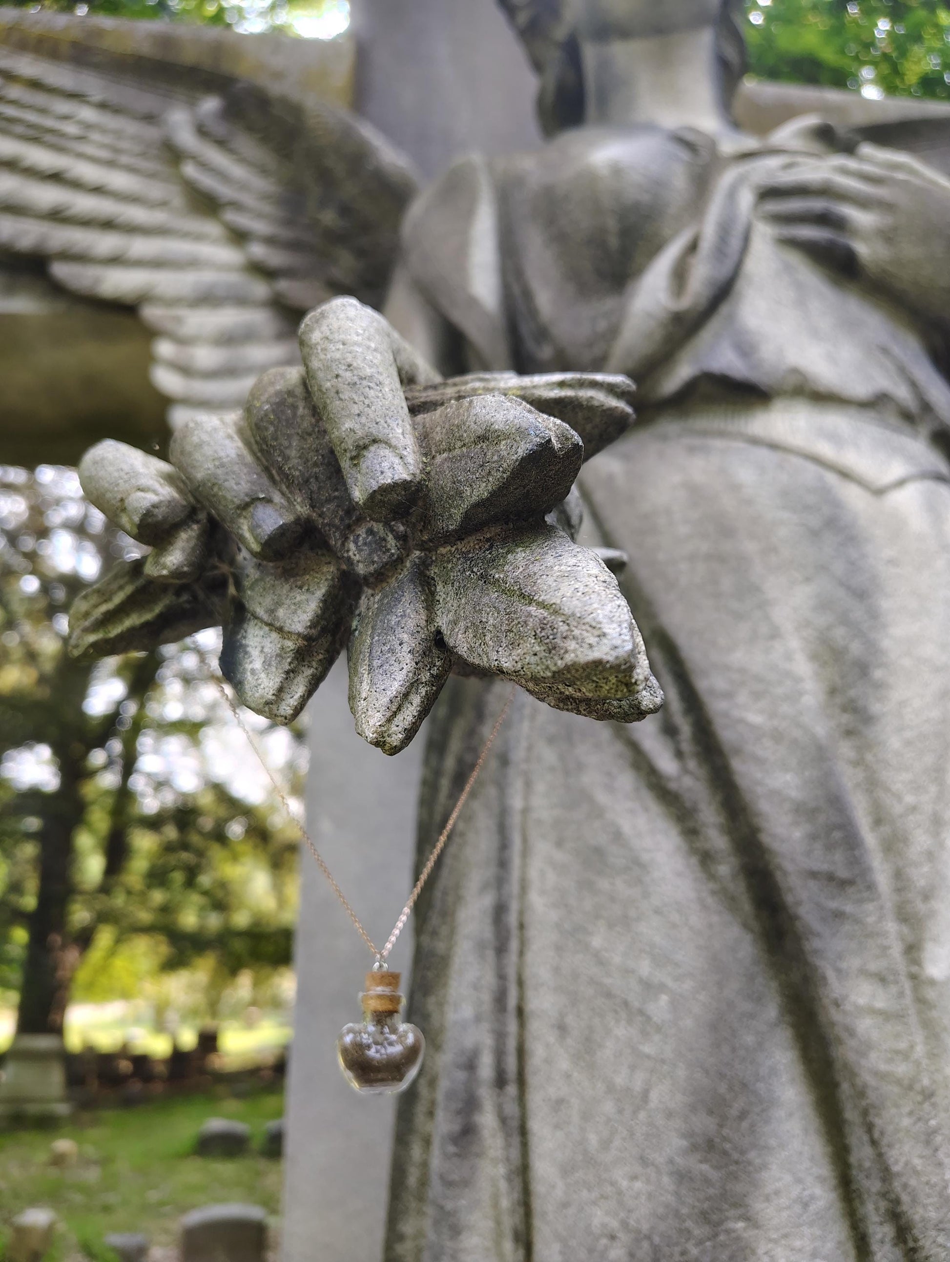 Mount Hope Cemetery Graveyard Dirt Voodoo Memento Mori heart Glass Vial gold/silver necklace